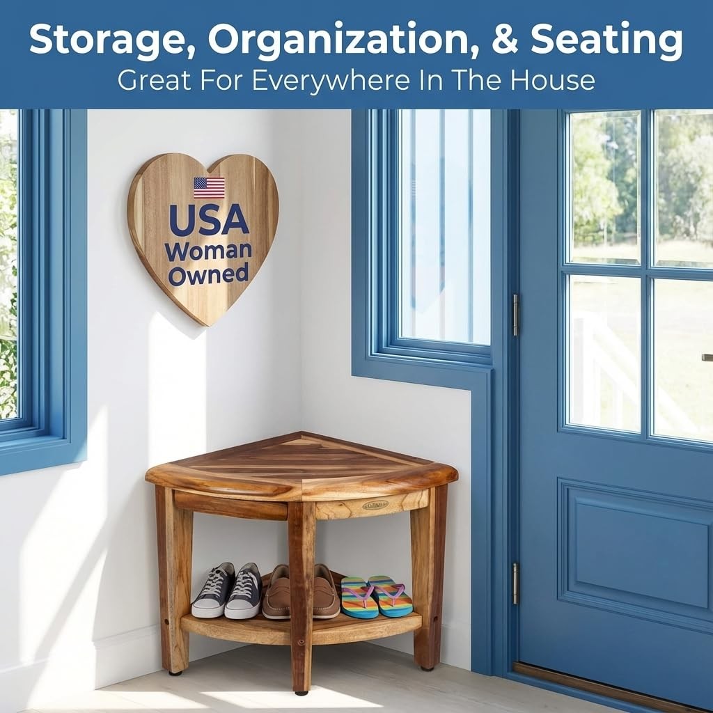 EcoDecors ED974 Corner Teak Shower Bench with Shelf 350 lb Capacity Tool-Free