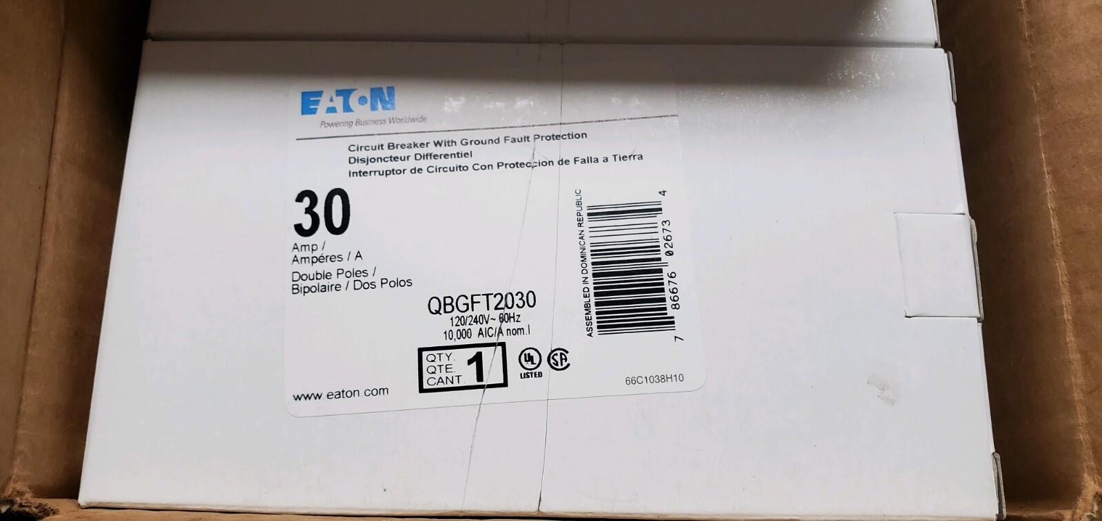 NEW IN BOX EATON CAT. QBGFT2030 30A, 2P, BOLT-ON GFI CIRCUIT BREAKER