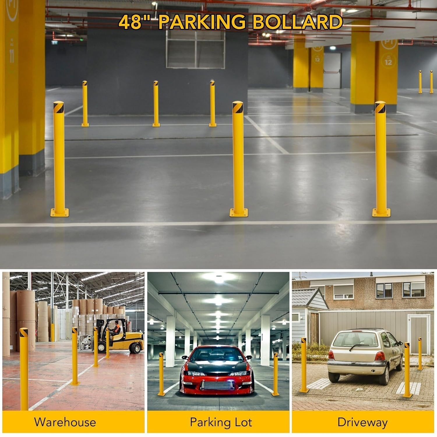 4Pack Steel Safety Bollard 48 Inch Height Bollard Post 4.5 Inch Diameter Yellow
