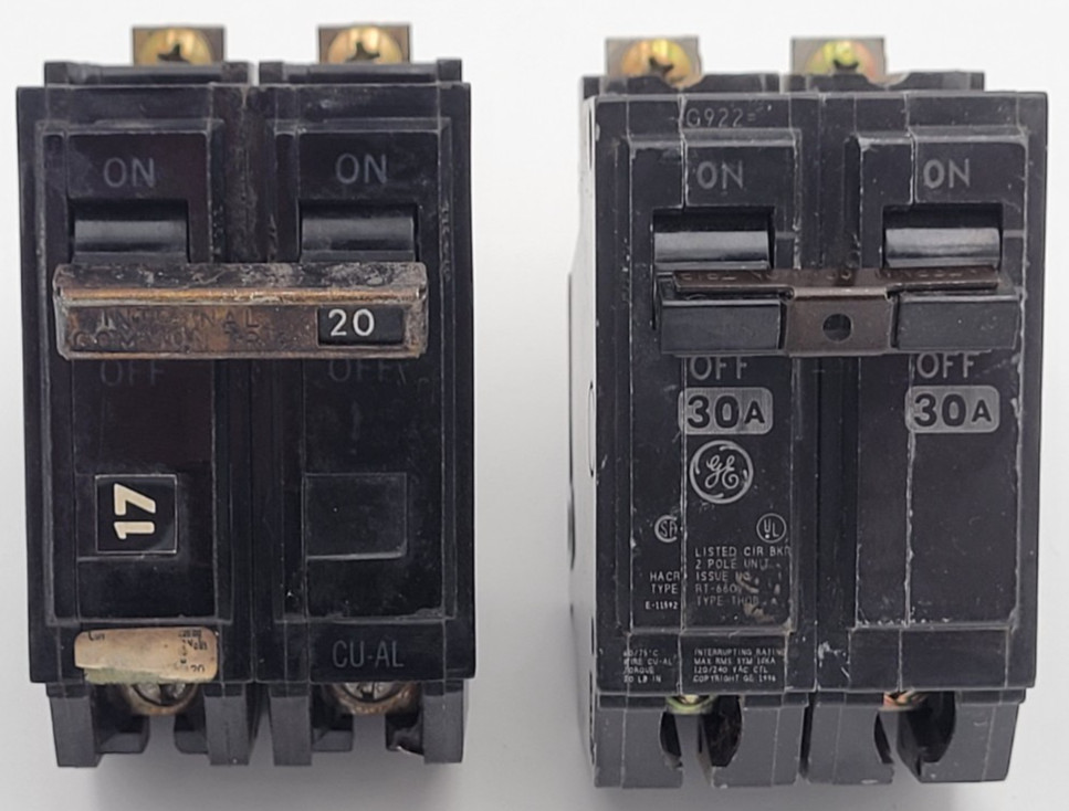 GE Mixed Lot of 2 Breakers THQB2120/THQB2130 20A & 30A 2P 120/240V Bolt-On USED
