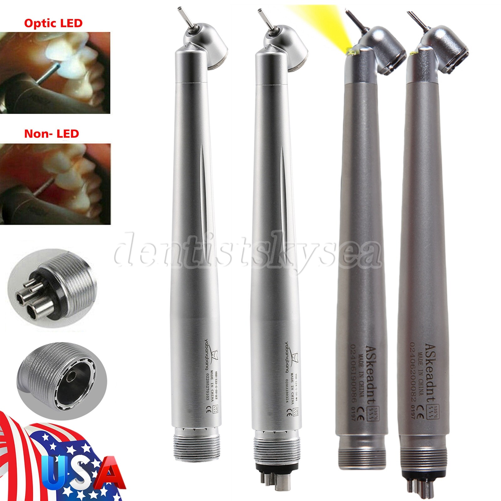 NO-LED/LED 45° Degree Fiber Optic High Speed Handpiece Turbine 2/4Holes Dental