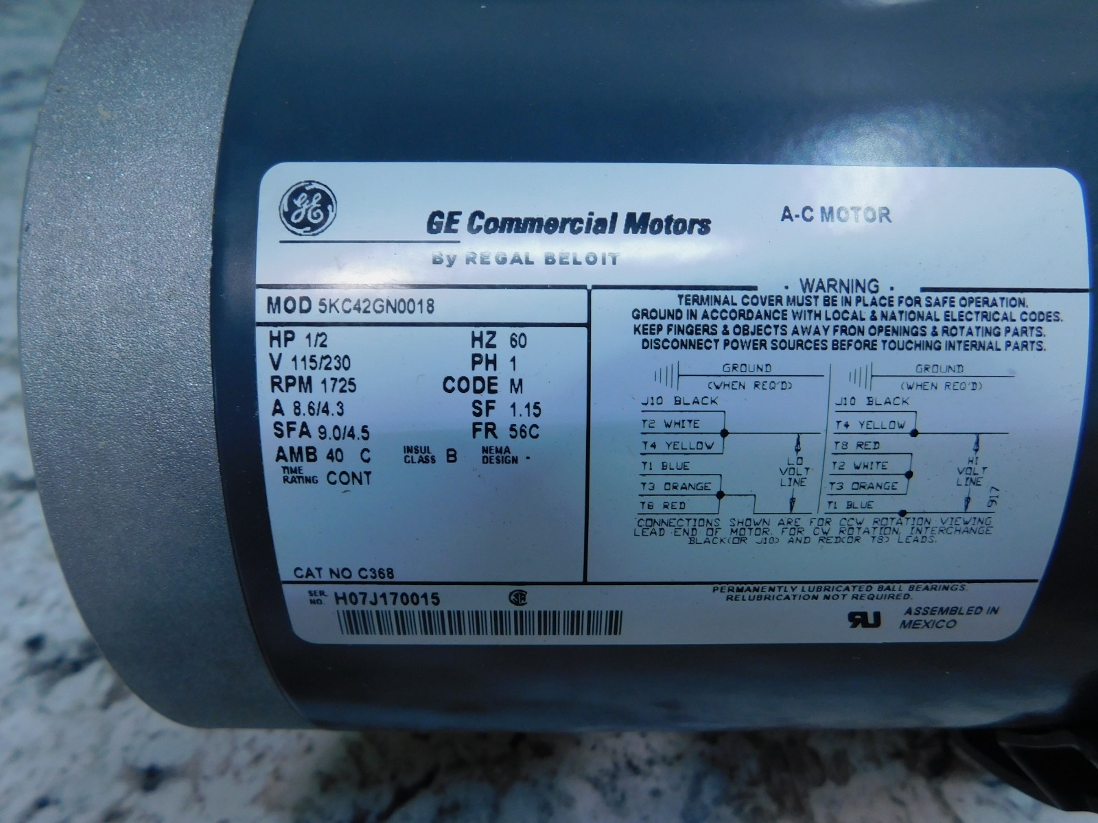 1/2 HP 1725 RPM GE Motor, Fr 56C, 1.15 SF, 115/230 Volts, C368, Unused