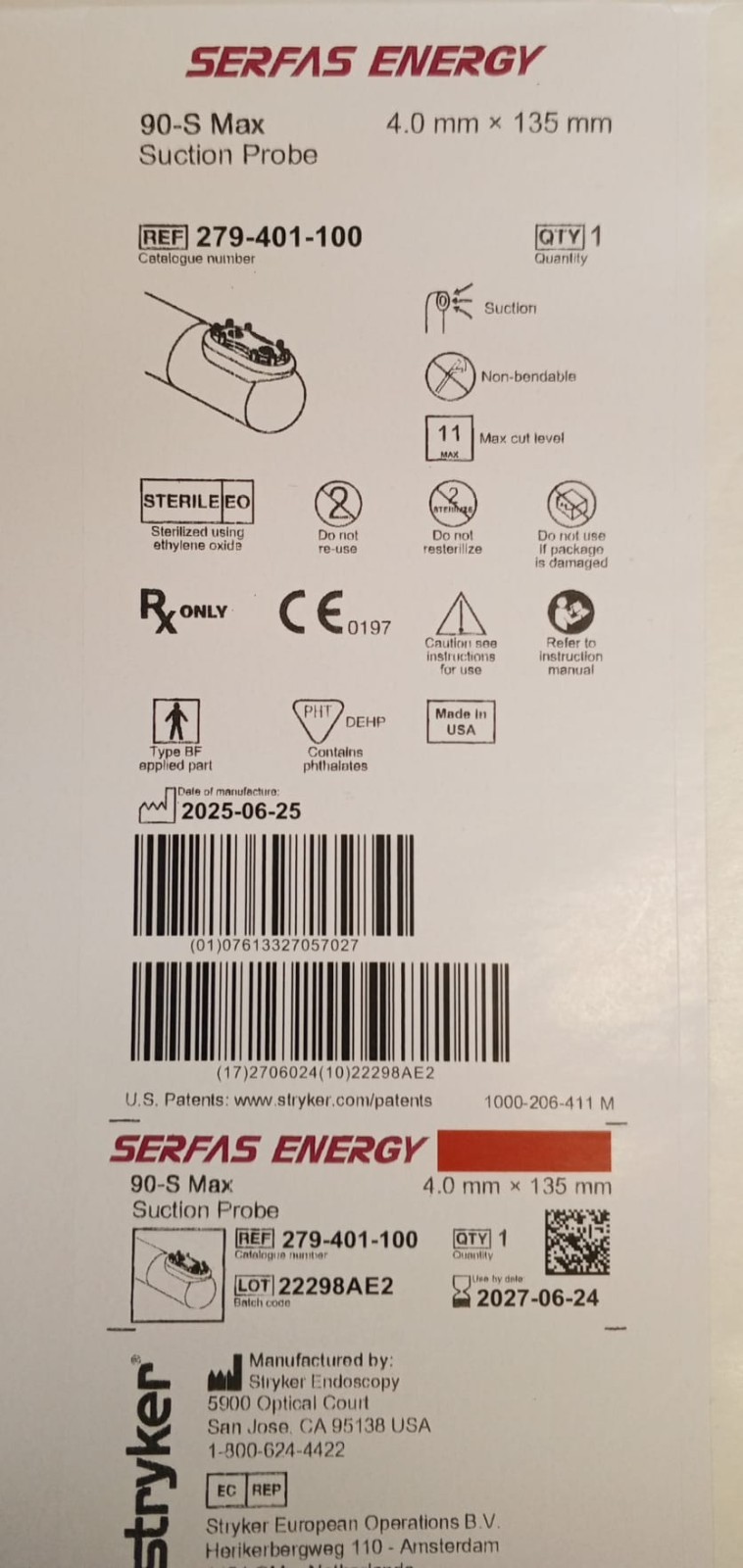 Stryker SERFAS Energy 90-S Max Suction Probe 4.0mm x 135mm REF 279-401-100 Steri