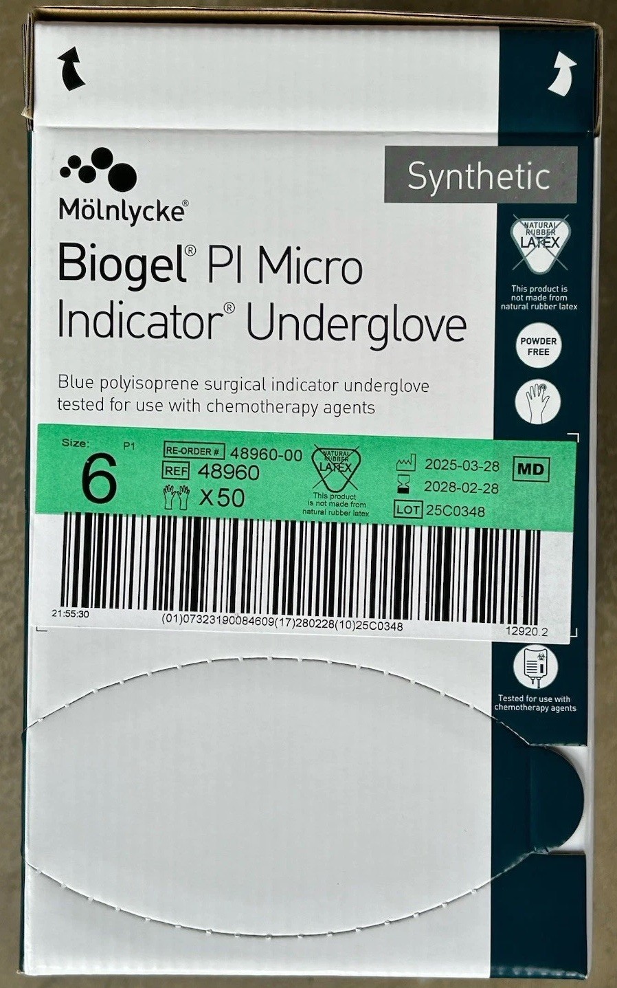 Molnlycke 48960 Biogel PI Micro Indicator Underglove Gloves 50 Count Size 6