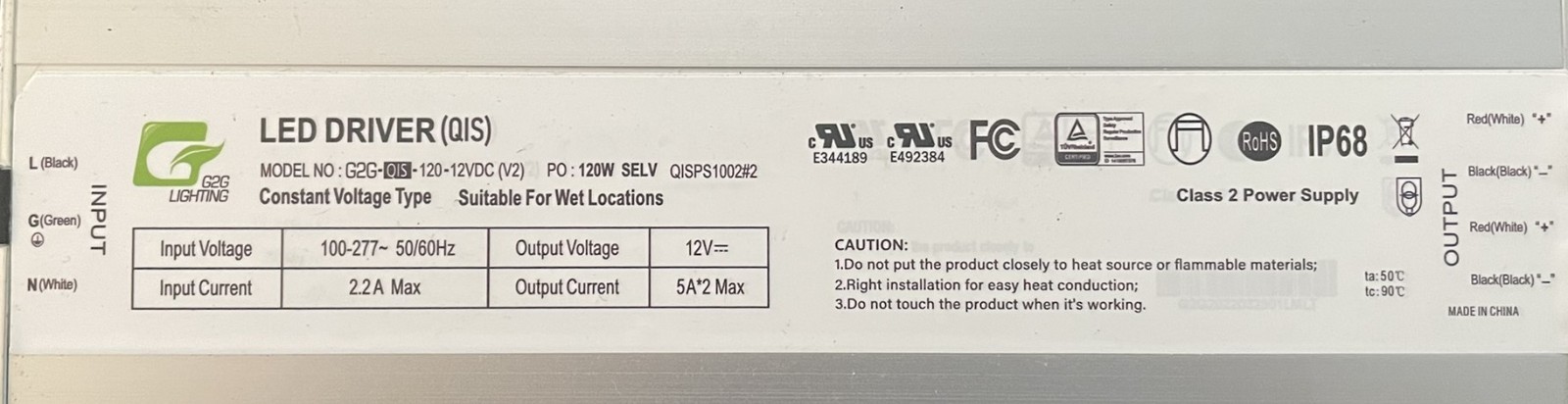 G2G Lighting 120-12VDC V2 120W LED Driver Power Supply 12V New No Box