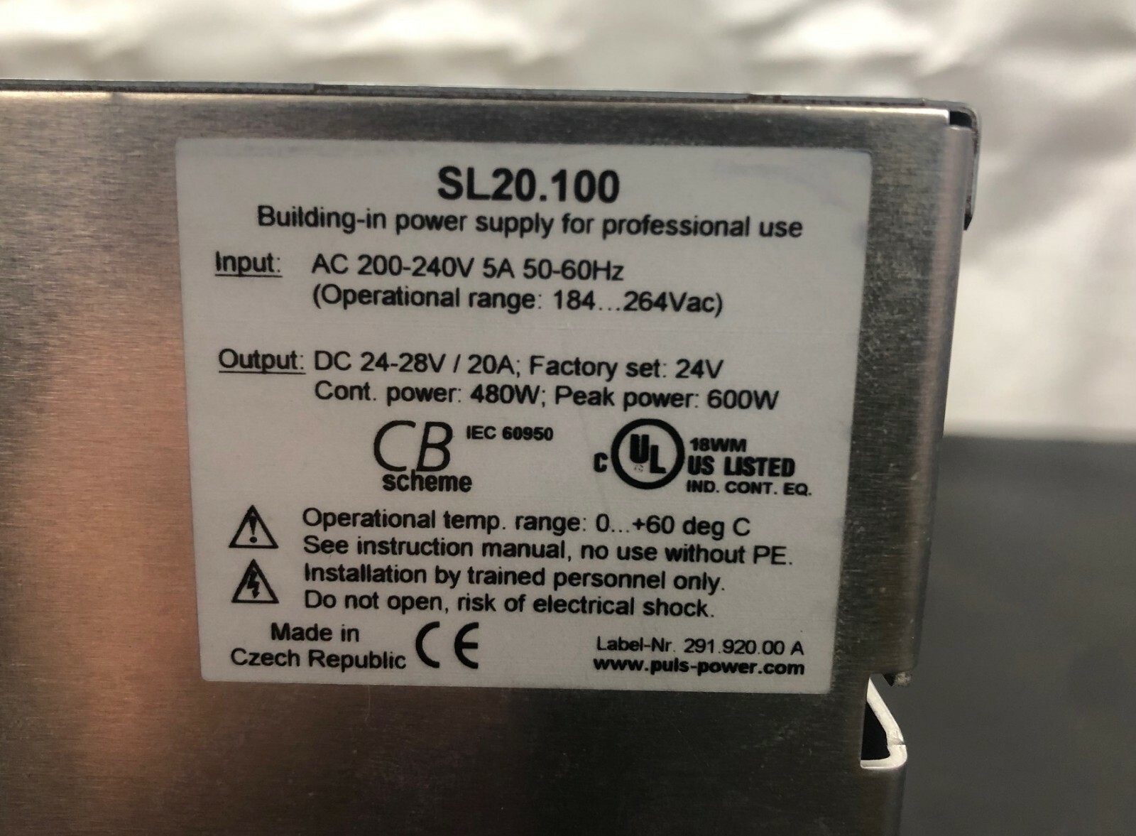 PULS SL20.100 Power Supply, 5 Amp