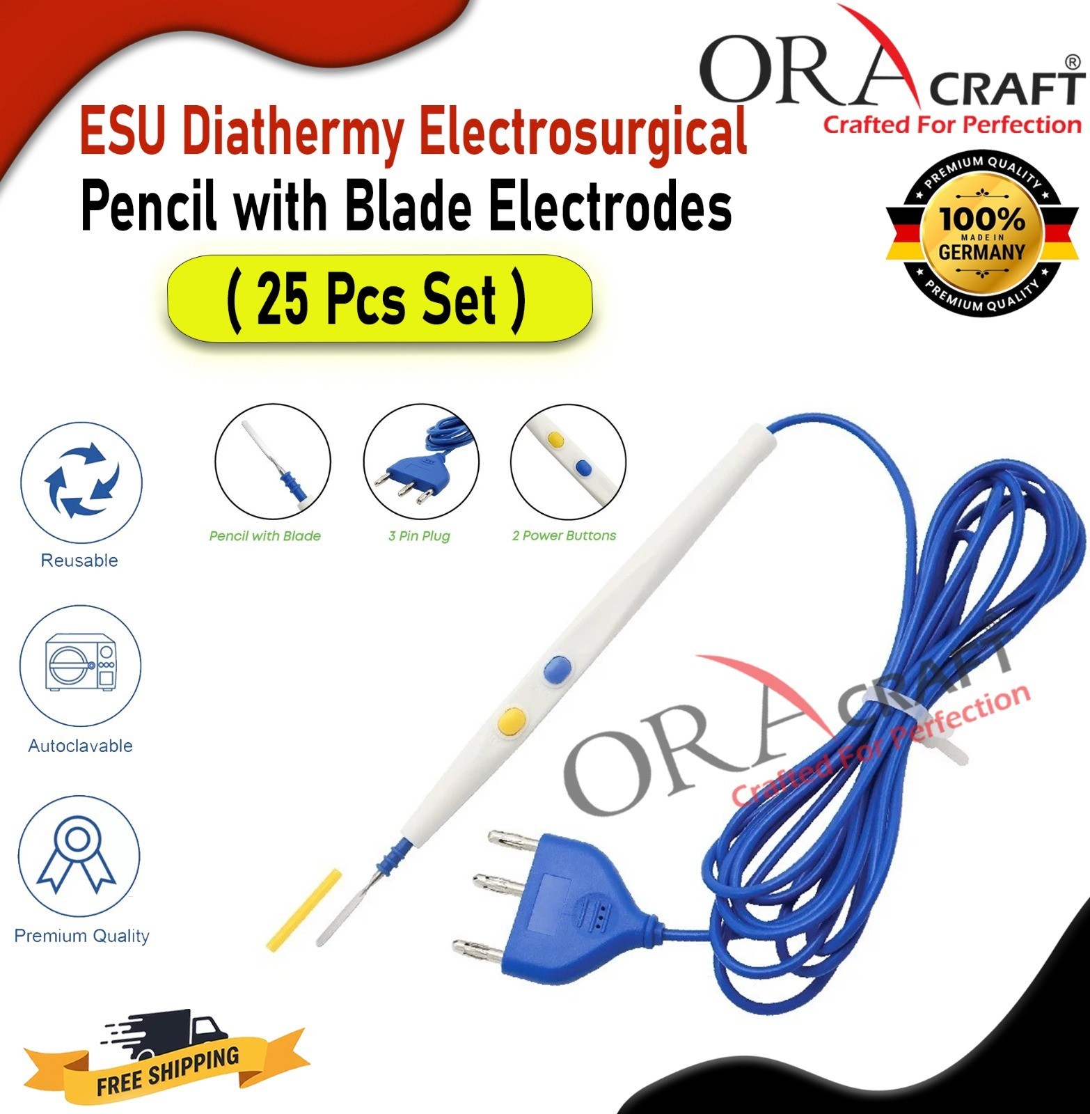 ESU Diathermy Electrosurgical Pencil with Blade Electrodes (25 Pcs Set) CE