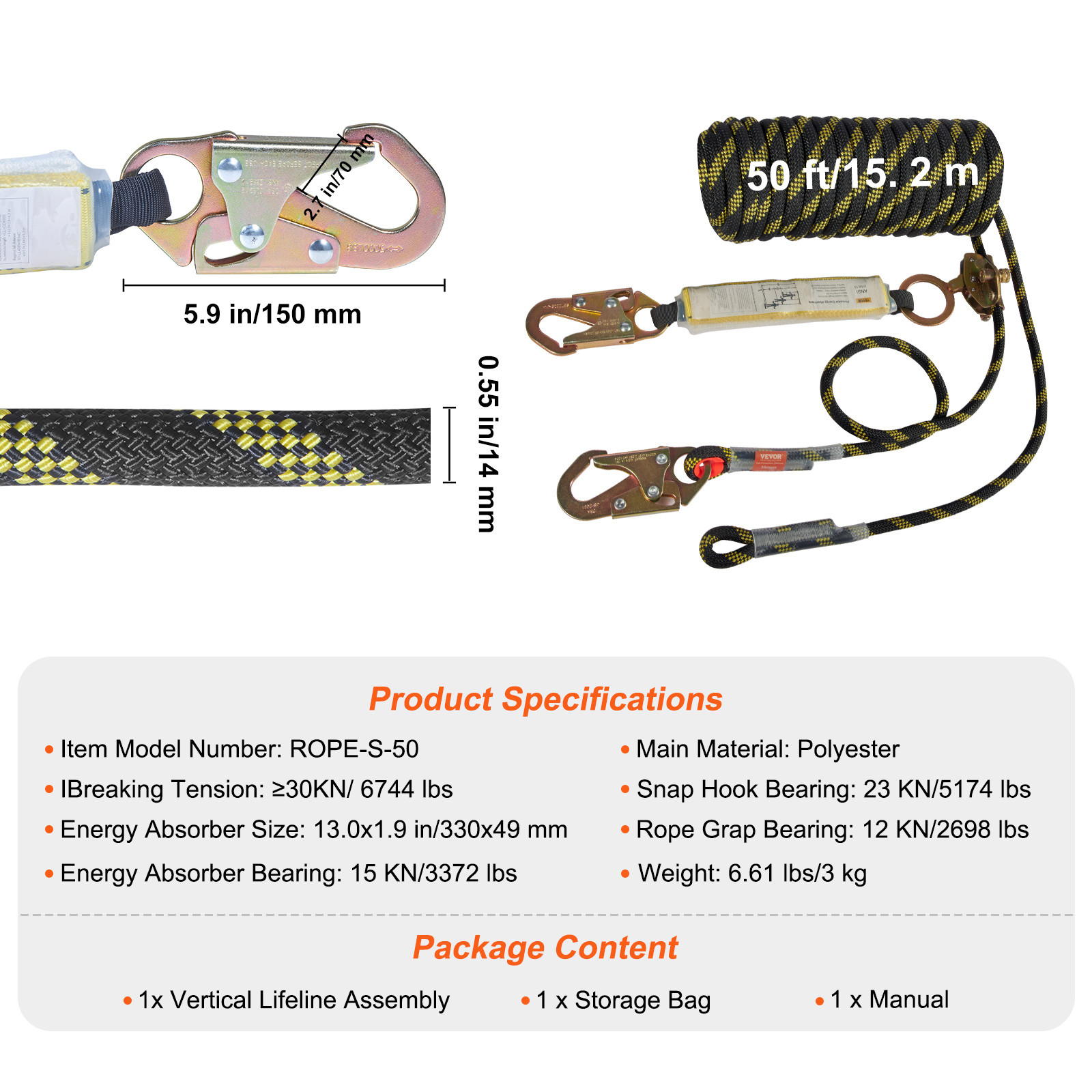 Vertical Lifeline Assembly 50ft Fall Protection Polyester Rope 30 KN ANSI