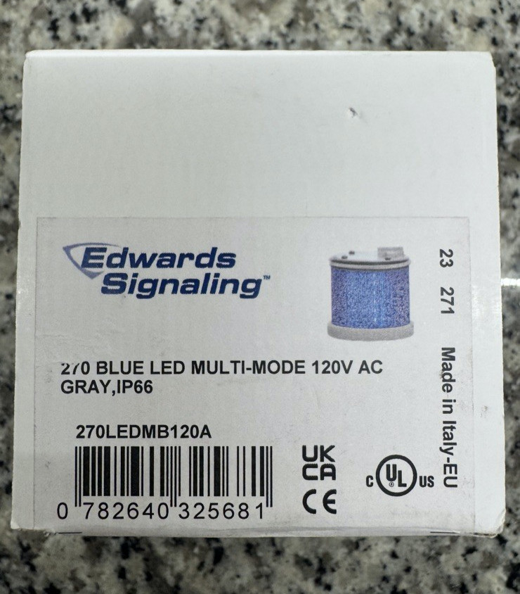 Edwards Signaling Light Blue LED 120V AC Gray fixture, New in Box Fast Ship