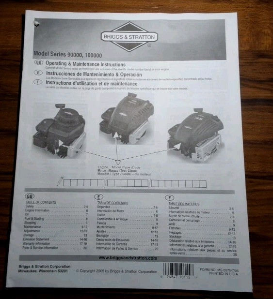 Briggs & Stratton Engines Model 90000 Model 100000 Operating/Maintenance Manual