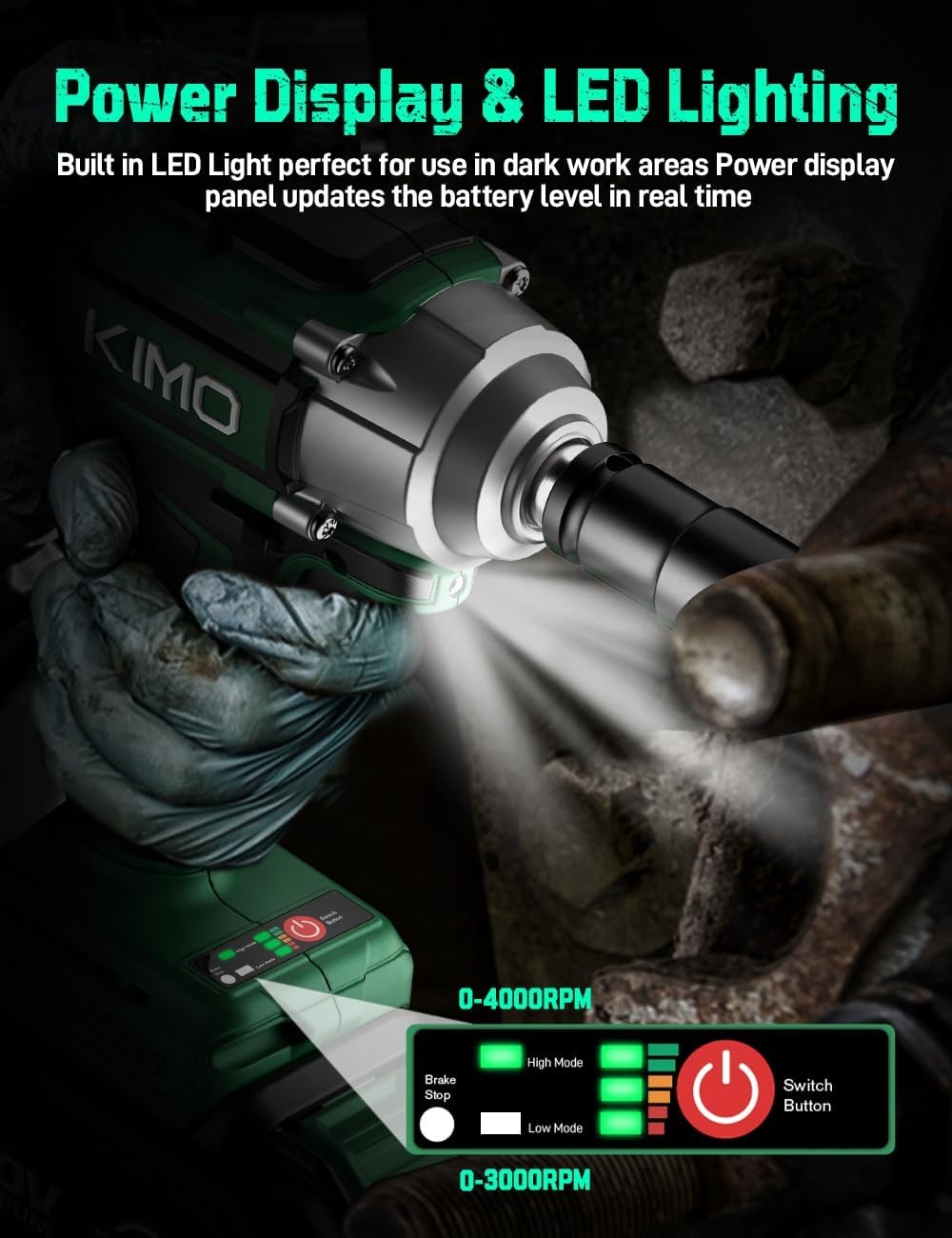 KIMO Impact Wrench 1/2 Cordless, 1200N.m (900ft-lbs), 4000RPM | 410Ft-Lbs/550N.m