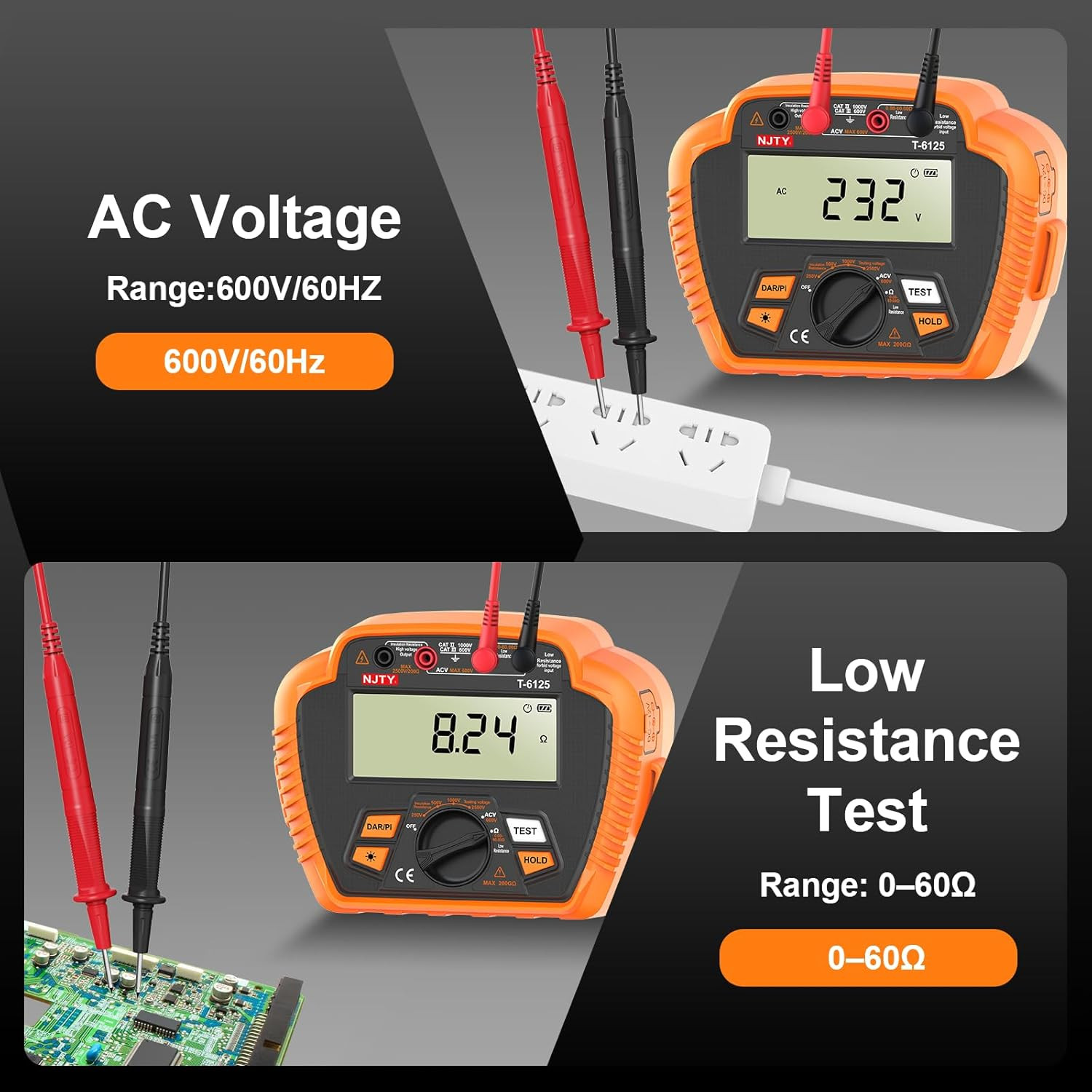 T6125 Digital 2500V Insulation Tester with Backlit LCD & Data Hold