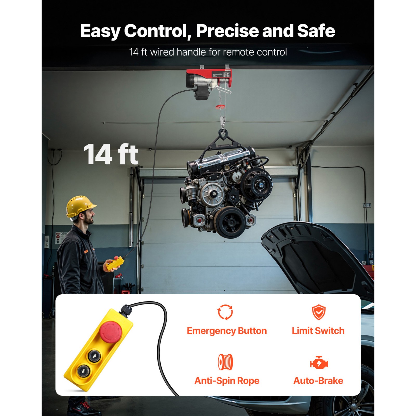 VEVOR Electric Hoist 440 lbs Crane Winch with 14FT Wired Remote Control 110V