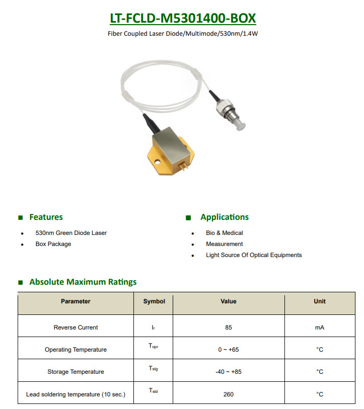MultiMode 530nm 1400mW Fiber Coupled Laser Diode Fiber Core Diamete 100μm