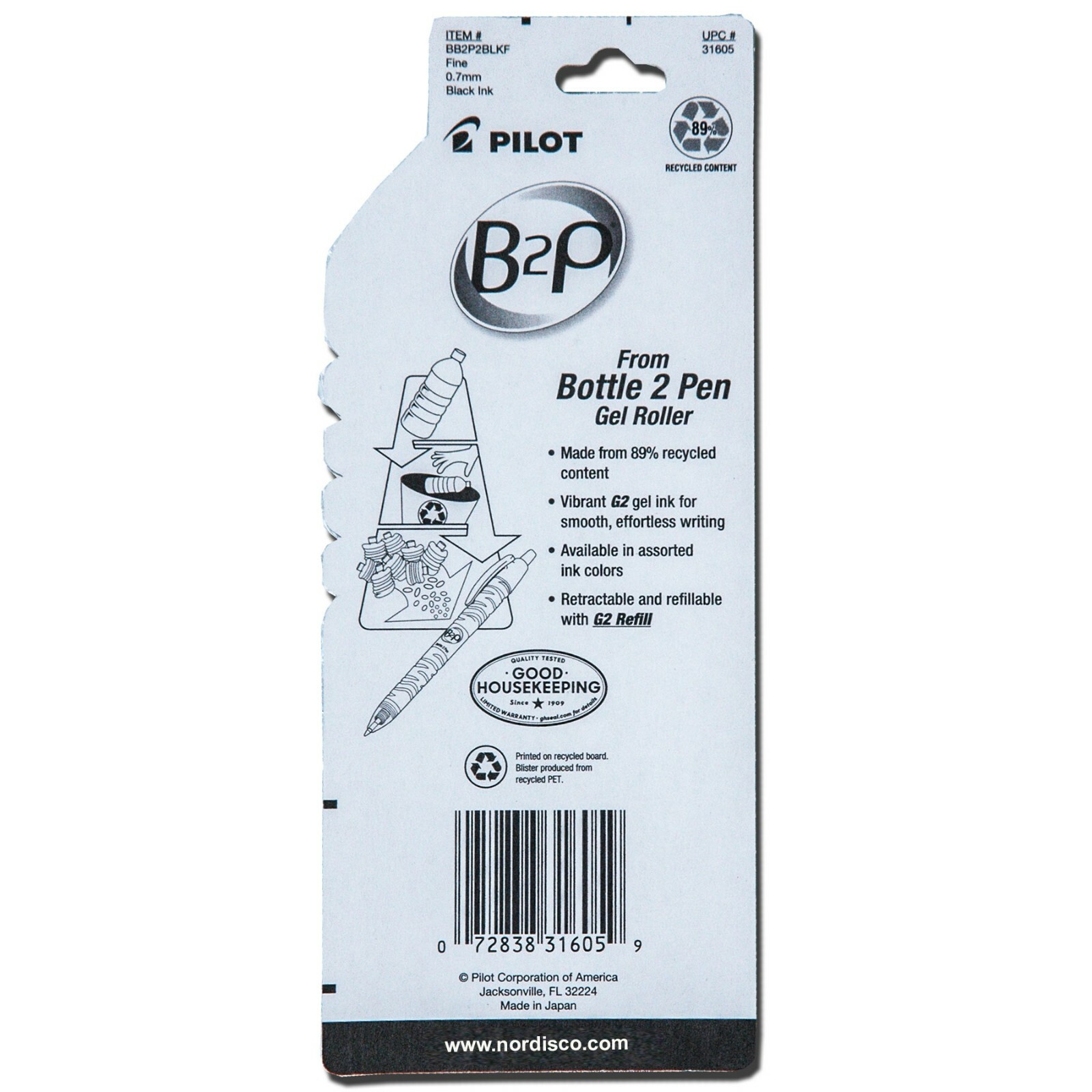 Pilot B2P 07 Recycled Pens & Refills, Bottle 2 Pen, Black Gel Ink, 0.7mm Fine