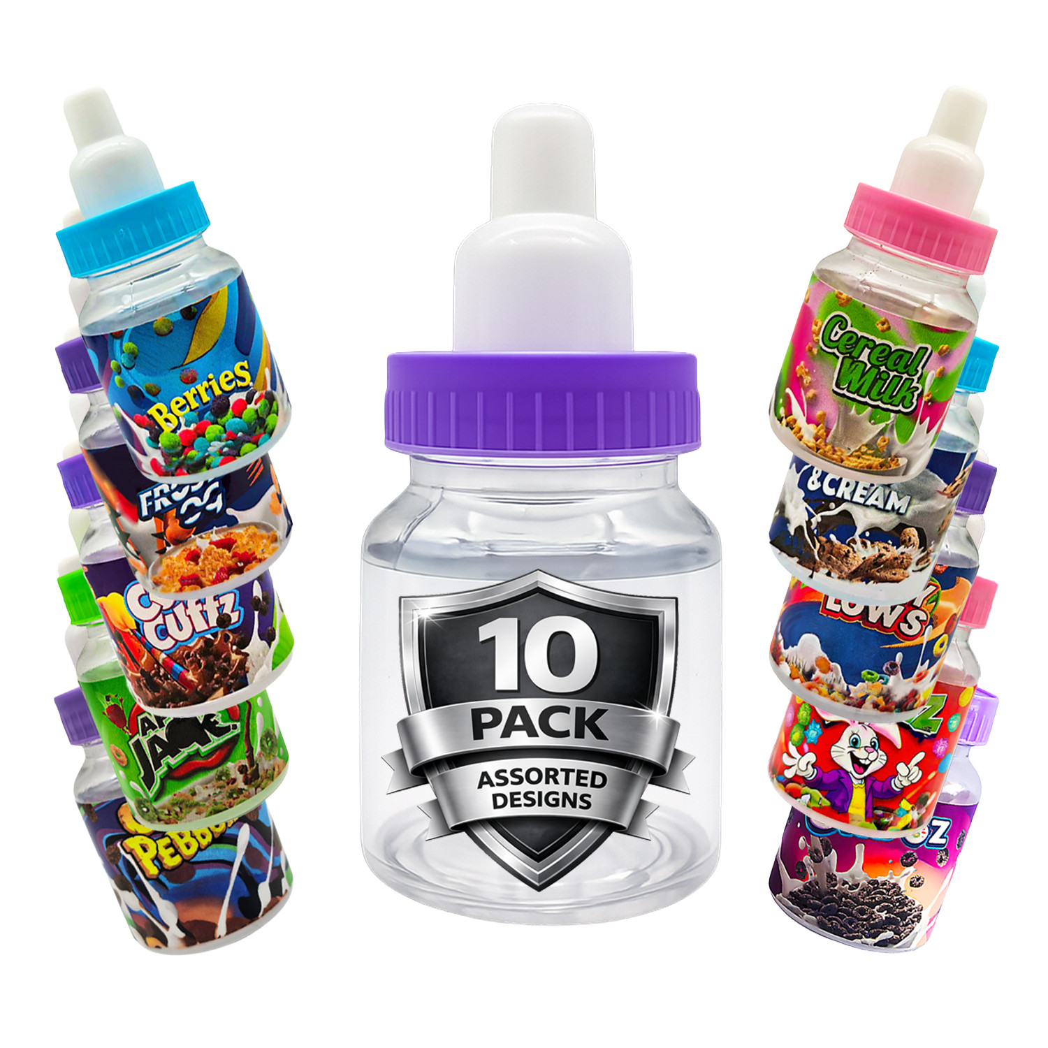 10 Pack 3.5g Bottle Style Storage Jars with Lids Assorted Graphic Designs