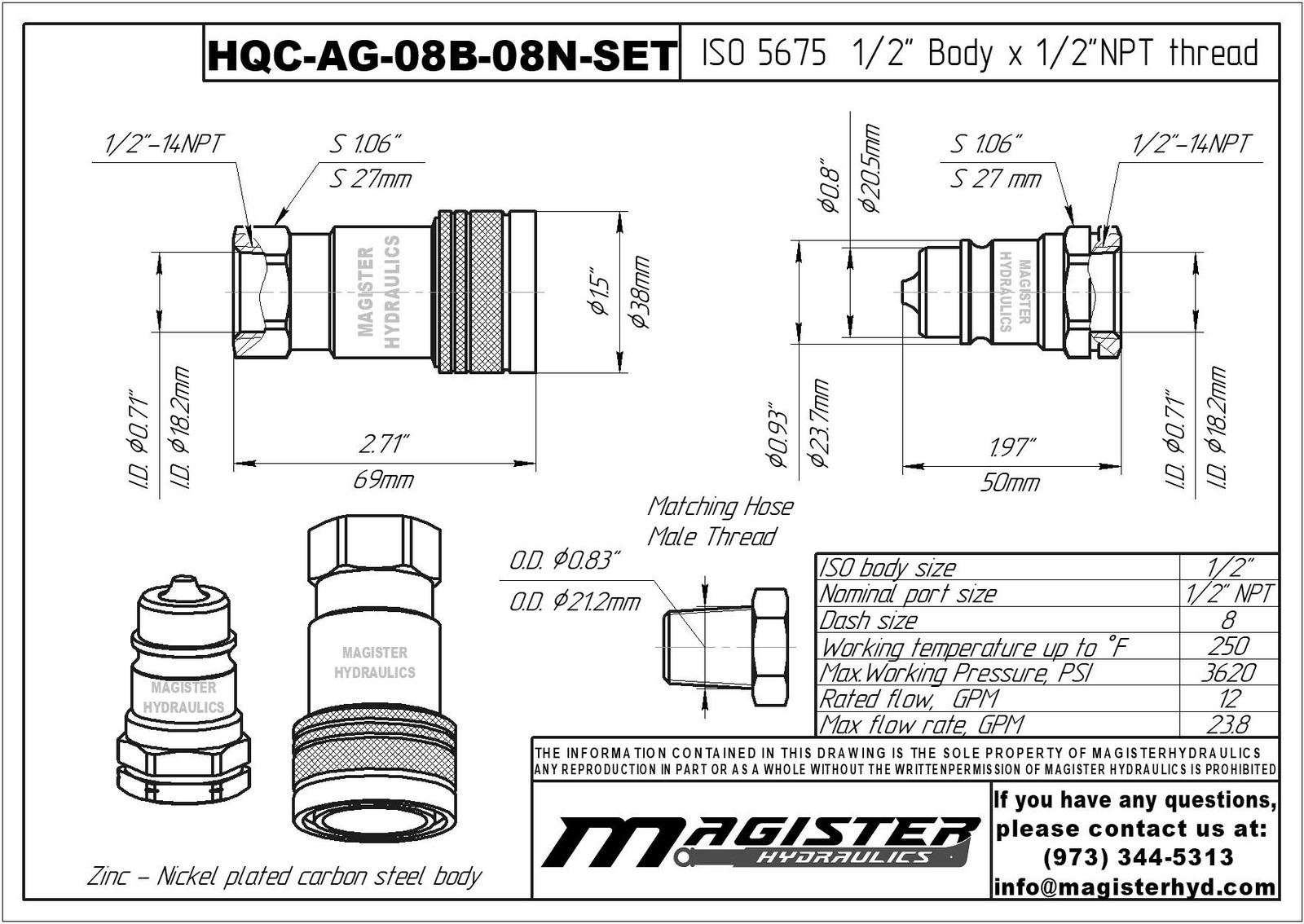 1/2″ AG Hydraulic Quick Couplers Set – 1/2″ NPT Thread