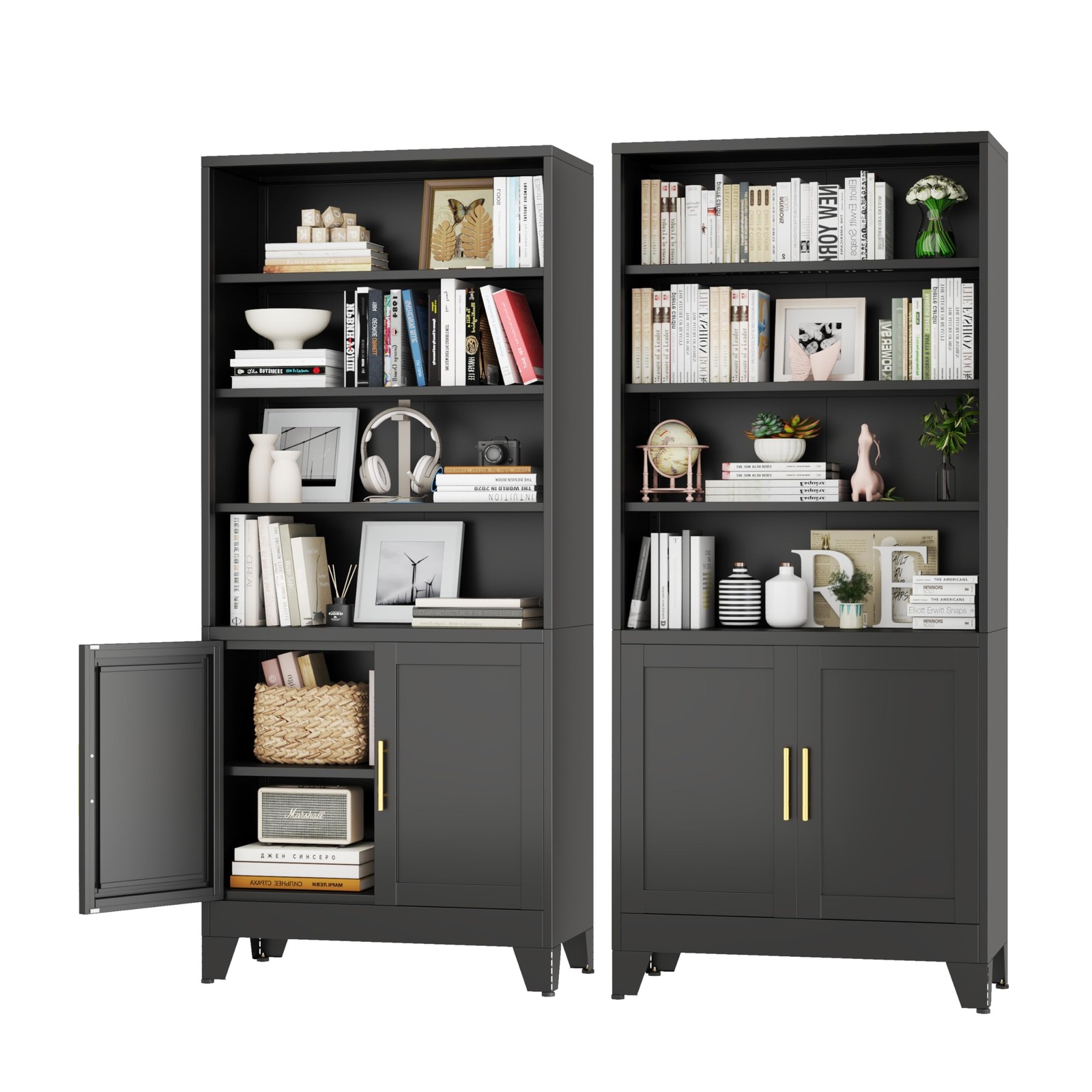 Metal Bookcase Doors 6-Shelf 71in Display Storage Home Office Living Room Black