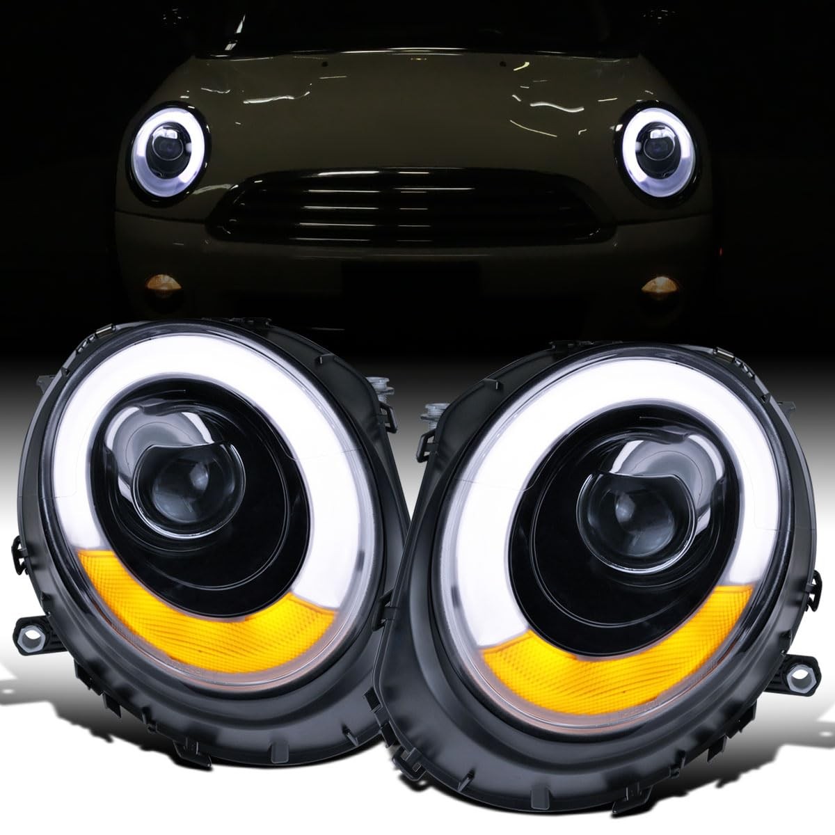 2007-2015 Mini Cooper R55-R59 LED Tube Projector Headlights Black Smoke Pair