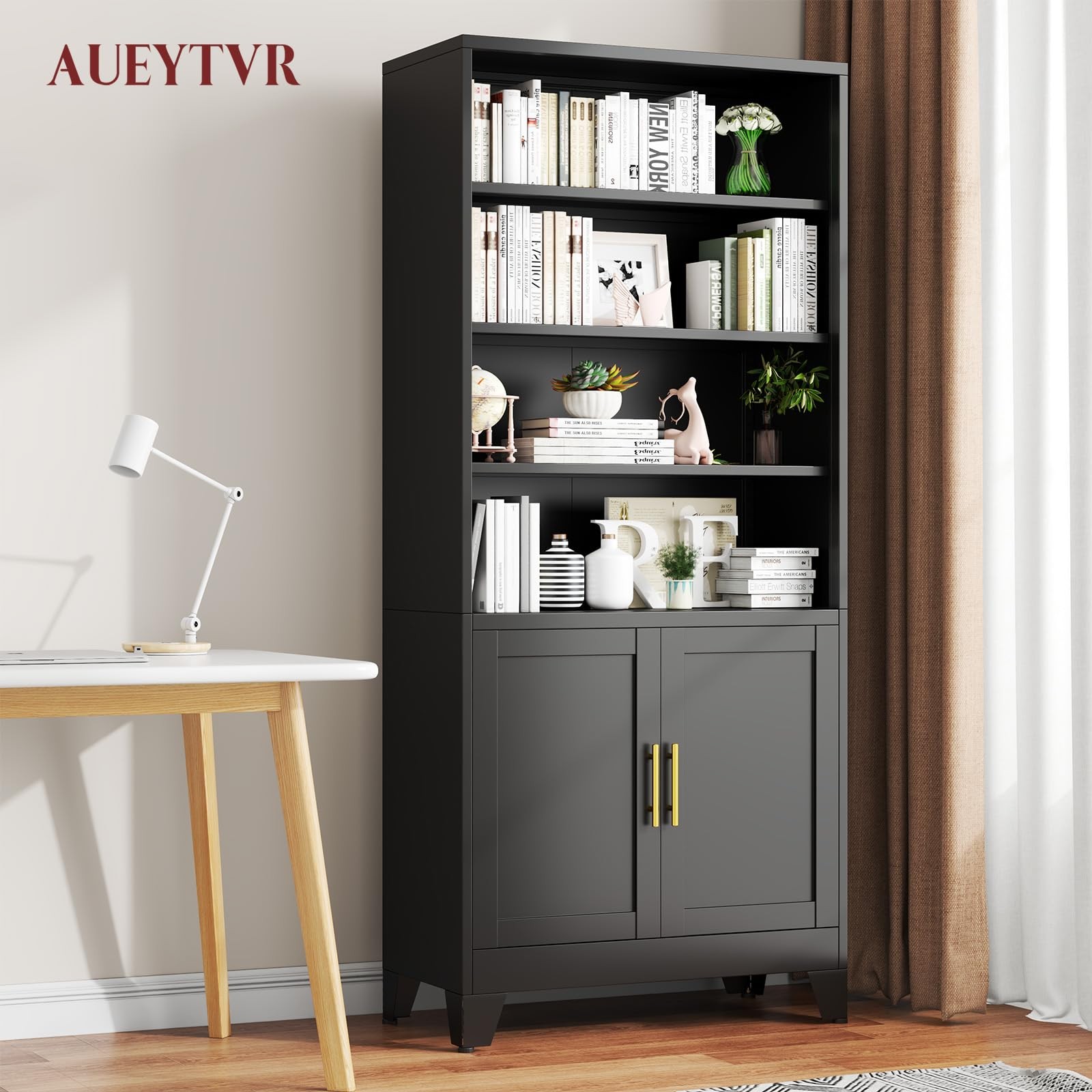 Metal Bookcase Doors 6-Shelf 71in Display Storage Home Office Living Room Black