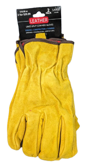 Lined Split Cowhide Leather Gloves Driving Construction Farming LARGE 2 Pack