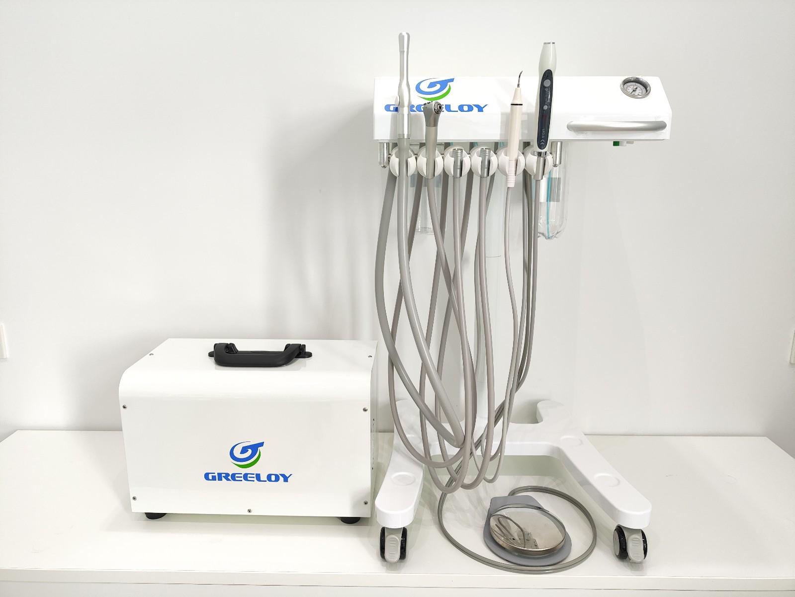 Greeloy Mobile Veterinary Dental Unit Cart + Silent Oil Free Air Compressor 4H