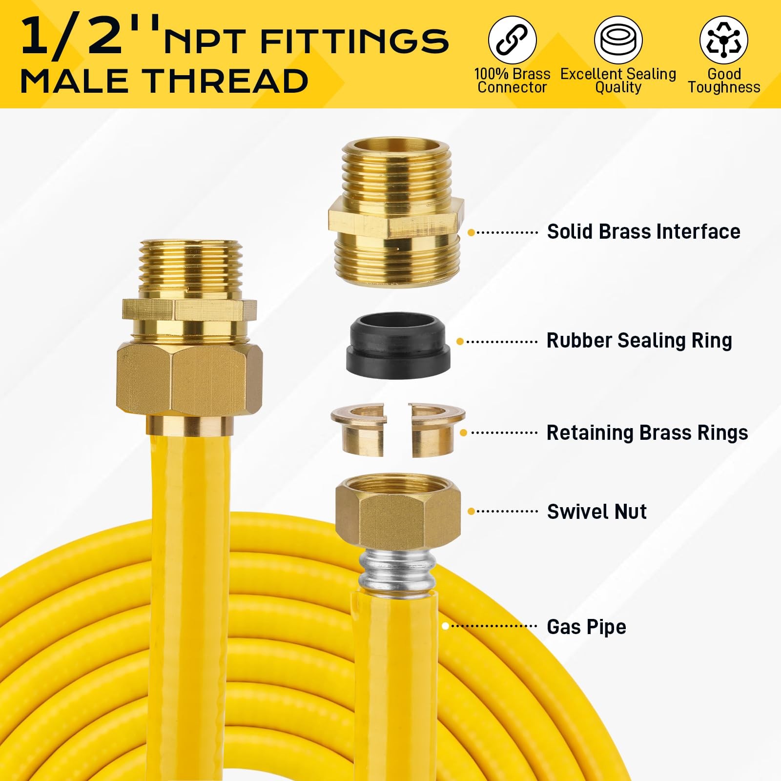 38FT 1/2″ CSST Gas Line 1/2In Natural Flexible Gas Line with 2 Male Adapter Fit