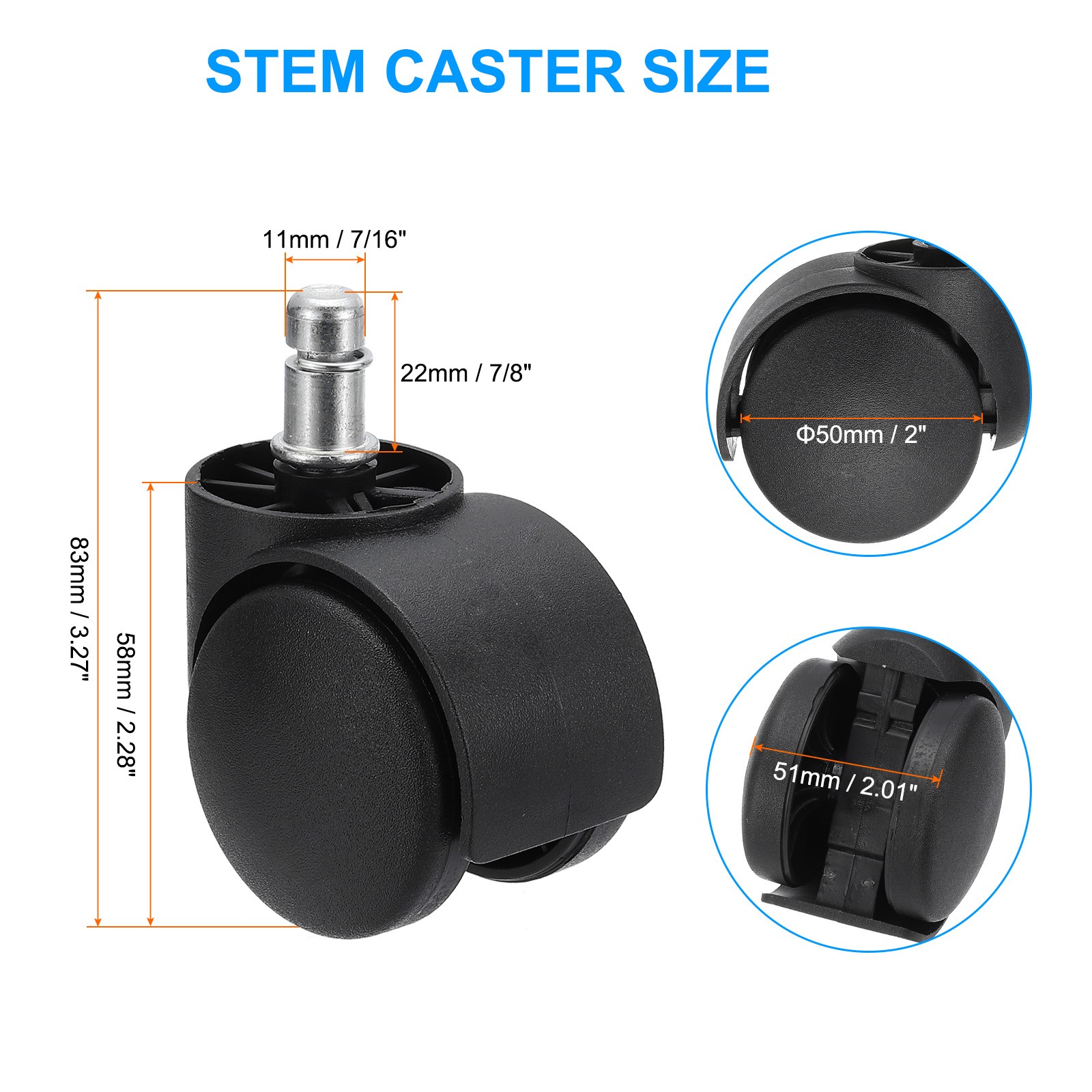2 Inch Office Gaming Chair Wheel Replacement Smooth Quite Caster Black