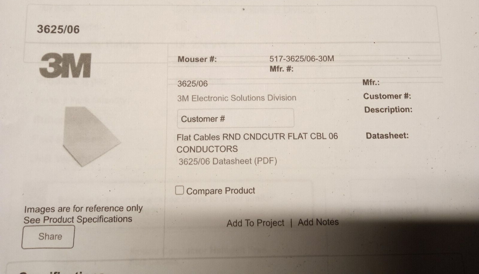 3M 3625/06 Flat Ribbon Wire 6 Conductor 28 AWG Unshielded Gray 300V UL Compliant