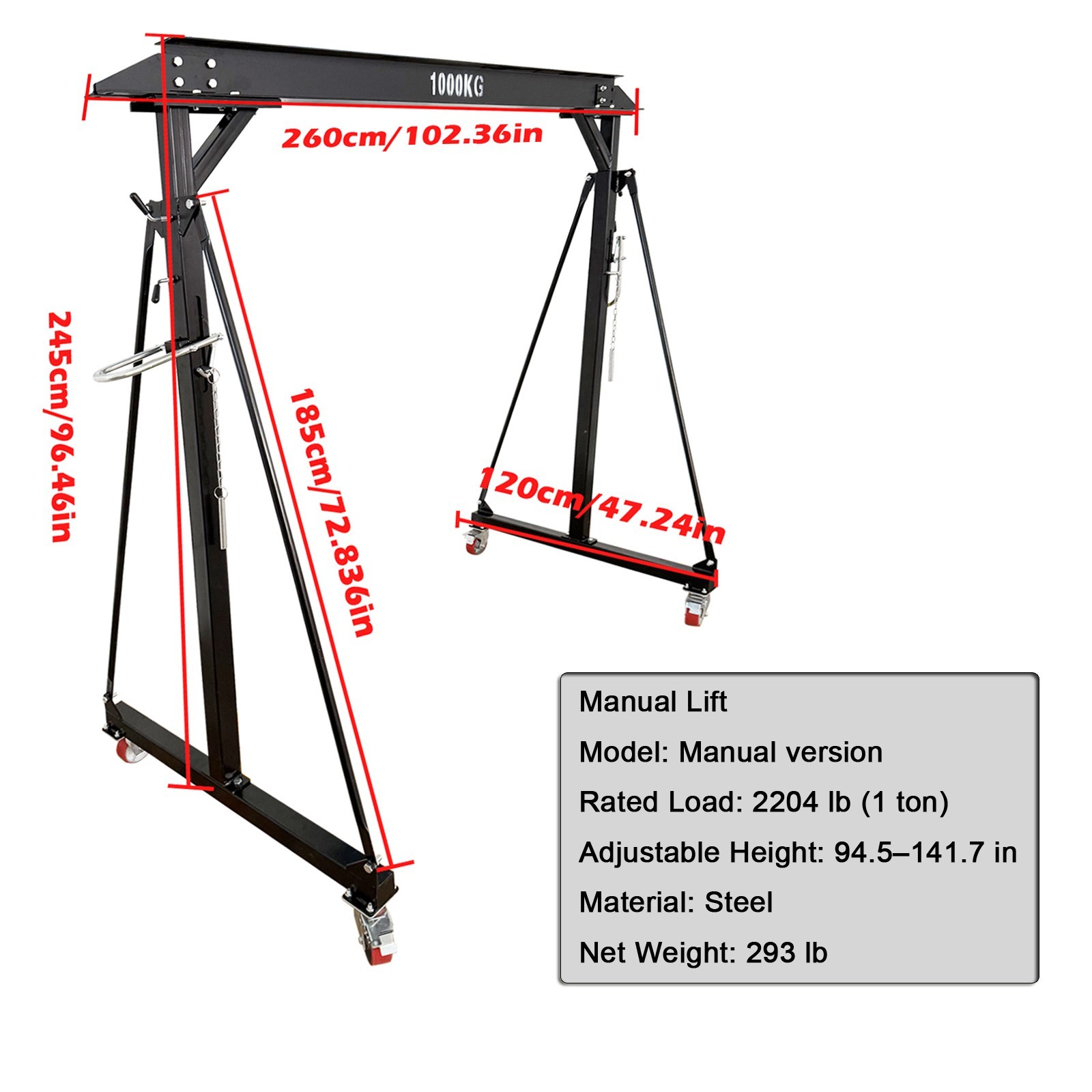1T/ 2204LB Capacity Portable Mobile Gantry Crane 2.4-3.6m/94.5-141.7» Height