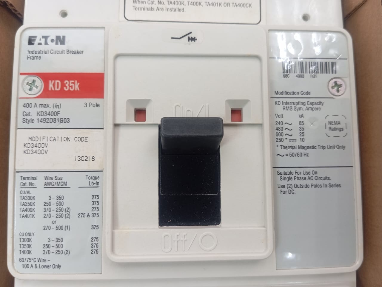 Eaton / Industrial Circuit Breaker / KD3400F / 400A, 3 Pole
