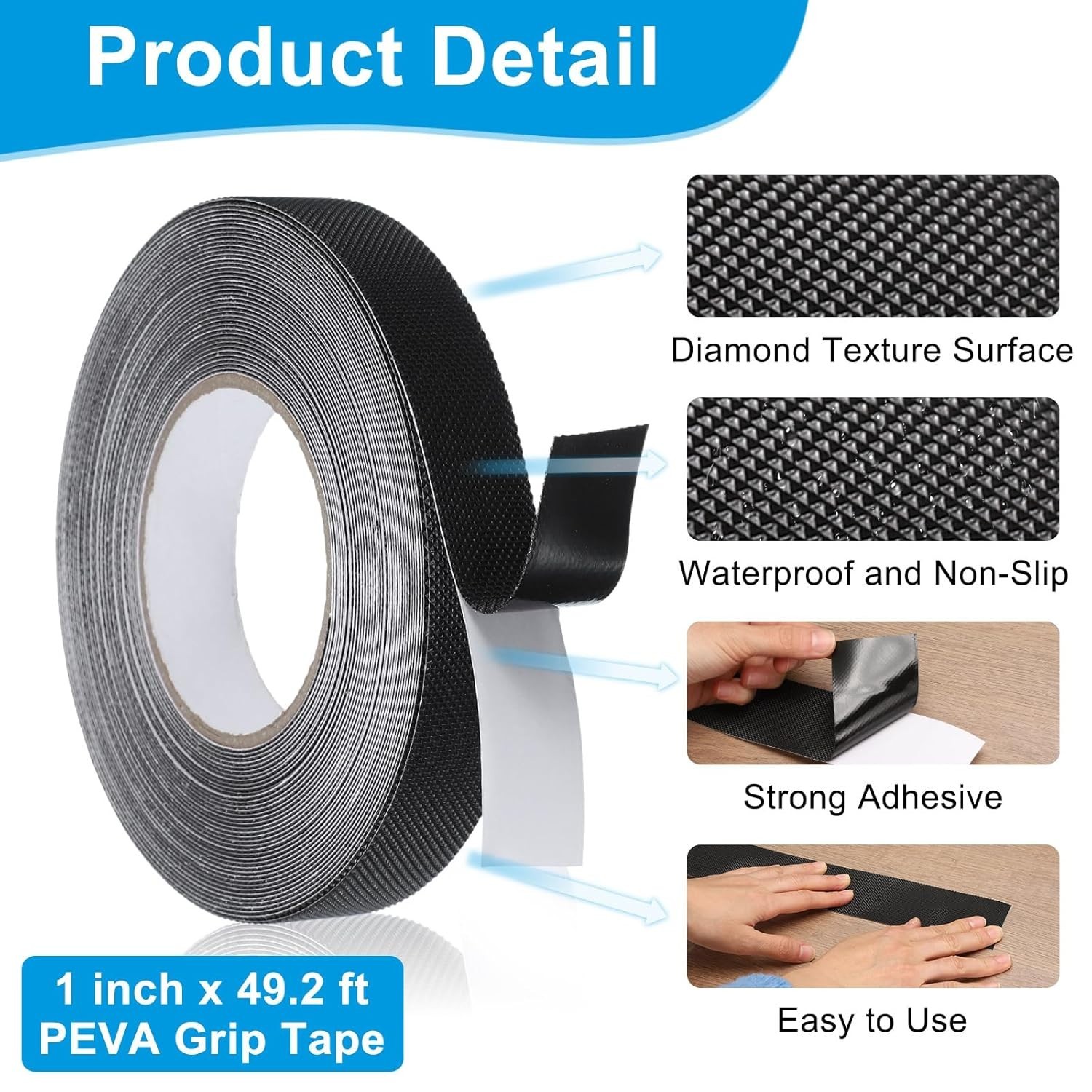 Rubber Grip Tape, 1″ x 49.2 Ft PEVA Non-Slip Tape Diamond Textured Adhesive G…