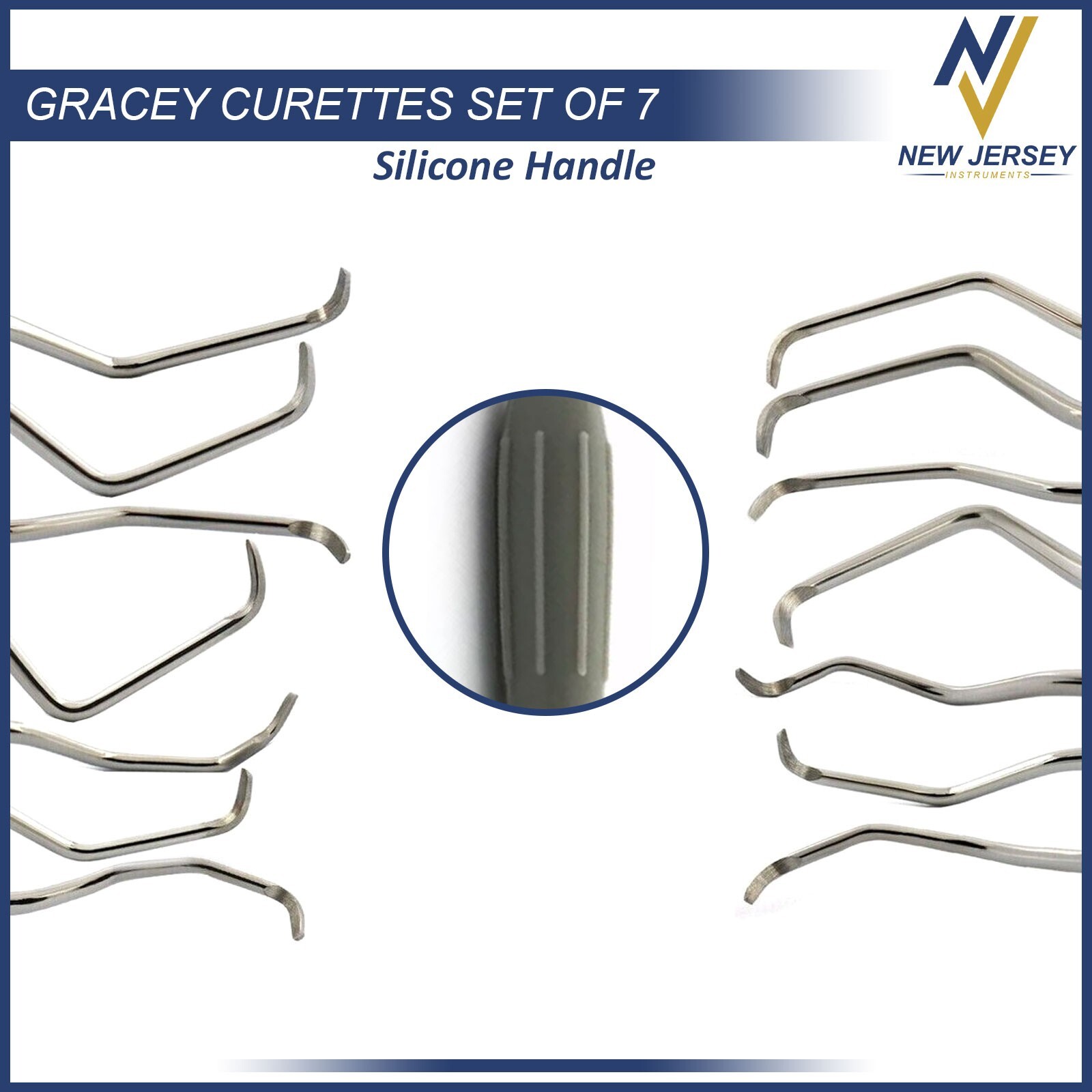 Dental Gracey Curettes Periodontal Root Scalers 7Pcs Silicone Coated Grip Handle