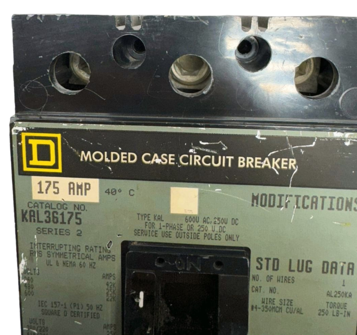 Square D KAL36175 Molded Case Circuit Breaker, 3-Pole, 175A, 600VAC, 250VDC