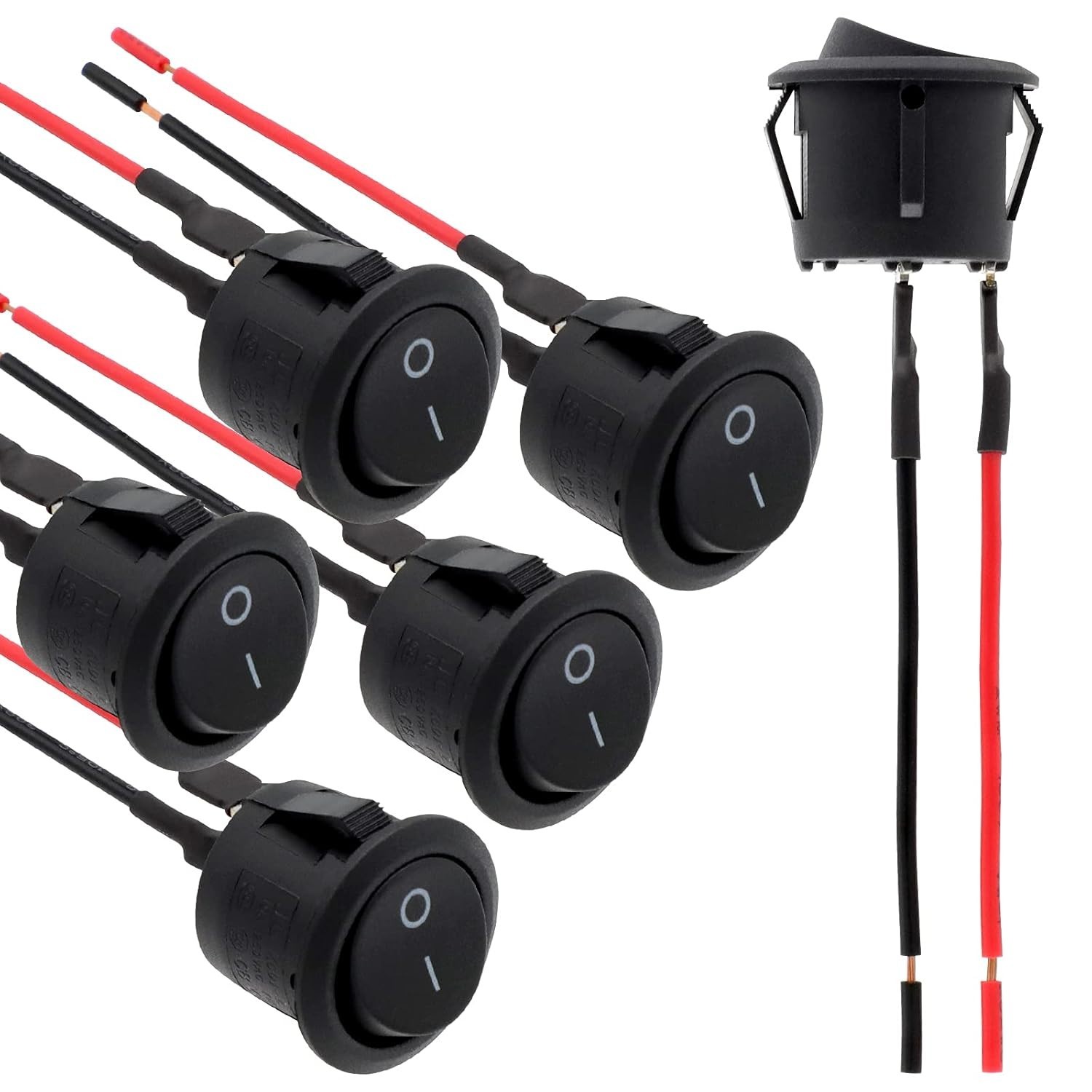 Round Mini Rocker Switch 6-Pack 12V DC ON Off Pre-Wired for Boat Car 6A 250V AC