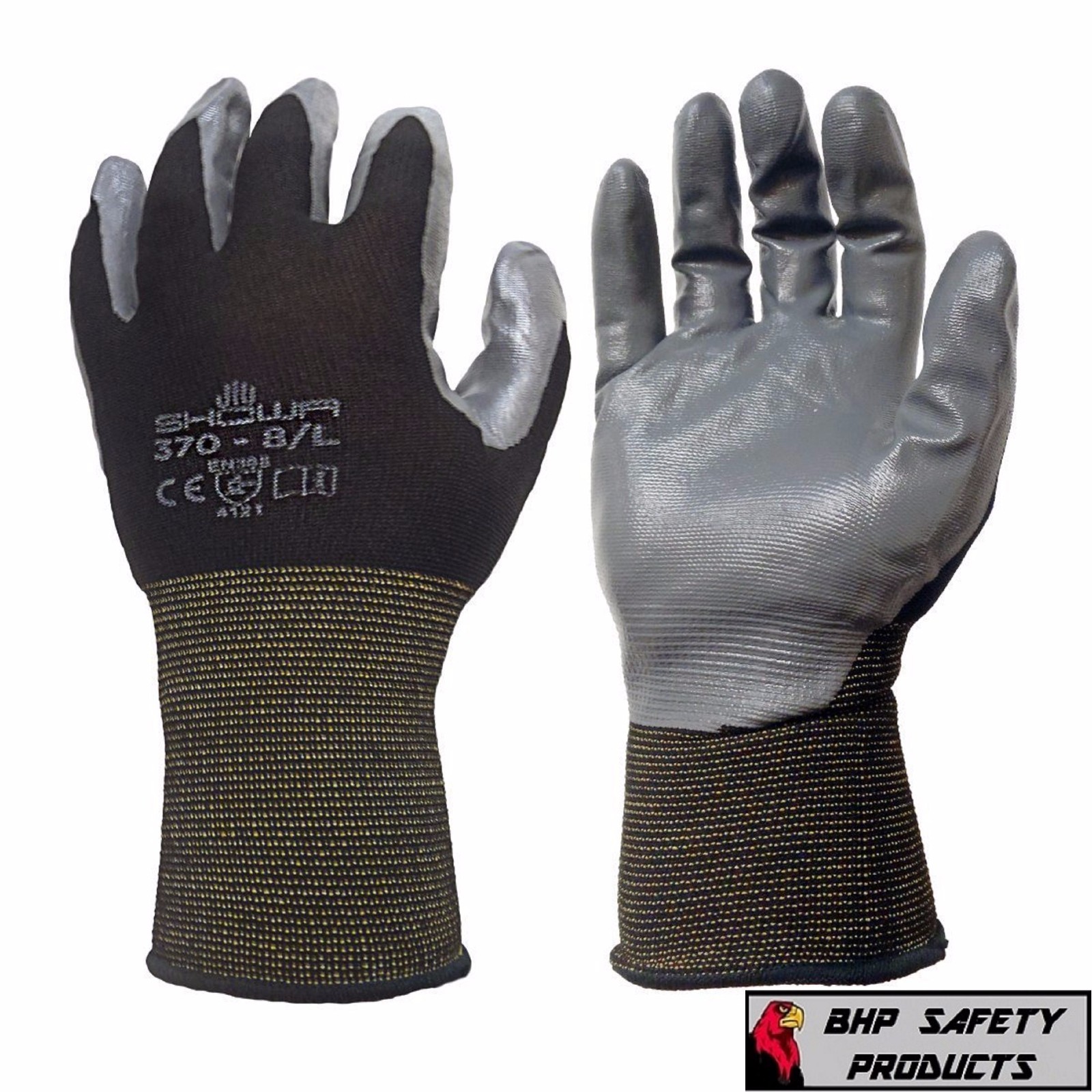 ATLAS FIT 370 SHOWA BLACK MEDIUM NITRILE GARDENING WORK GLOVES, 12-PAIRS