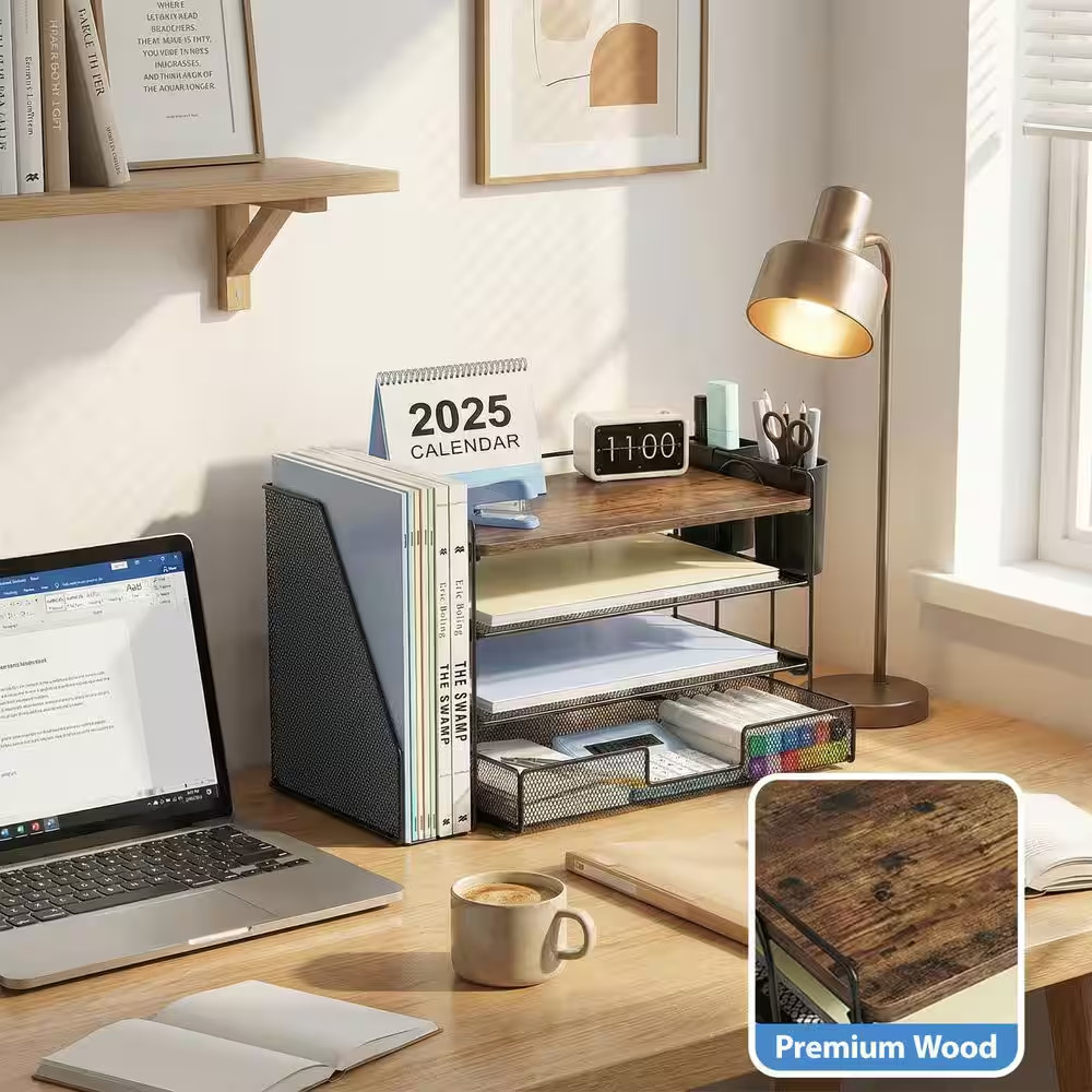 15.5 In. X 9.3 In. Brown Wood Metal Desk Organizer, Desk Accessories with Drawer
