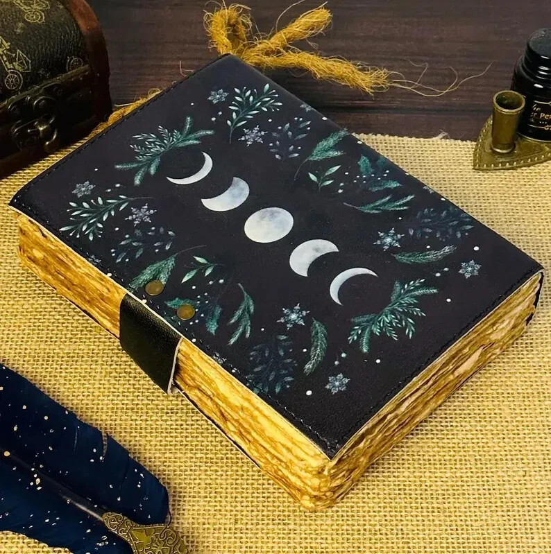 Grimoire Vintage leather journal, Moon Phase Handmade Fat Journal, Blank spell.
