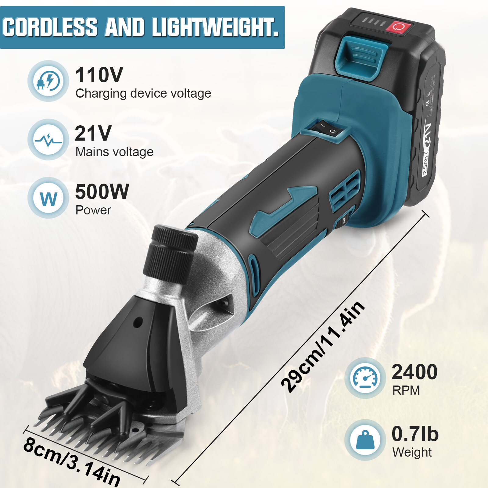 Cordless Electric Professional Sheep Shears 500W Sheep Clippers with 2 Battery