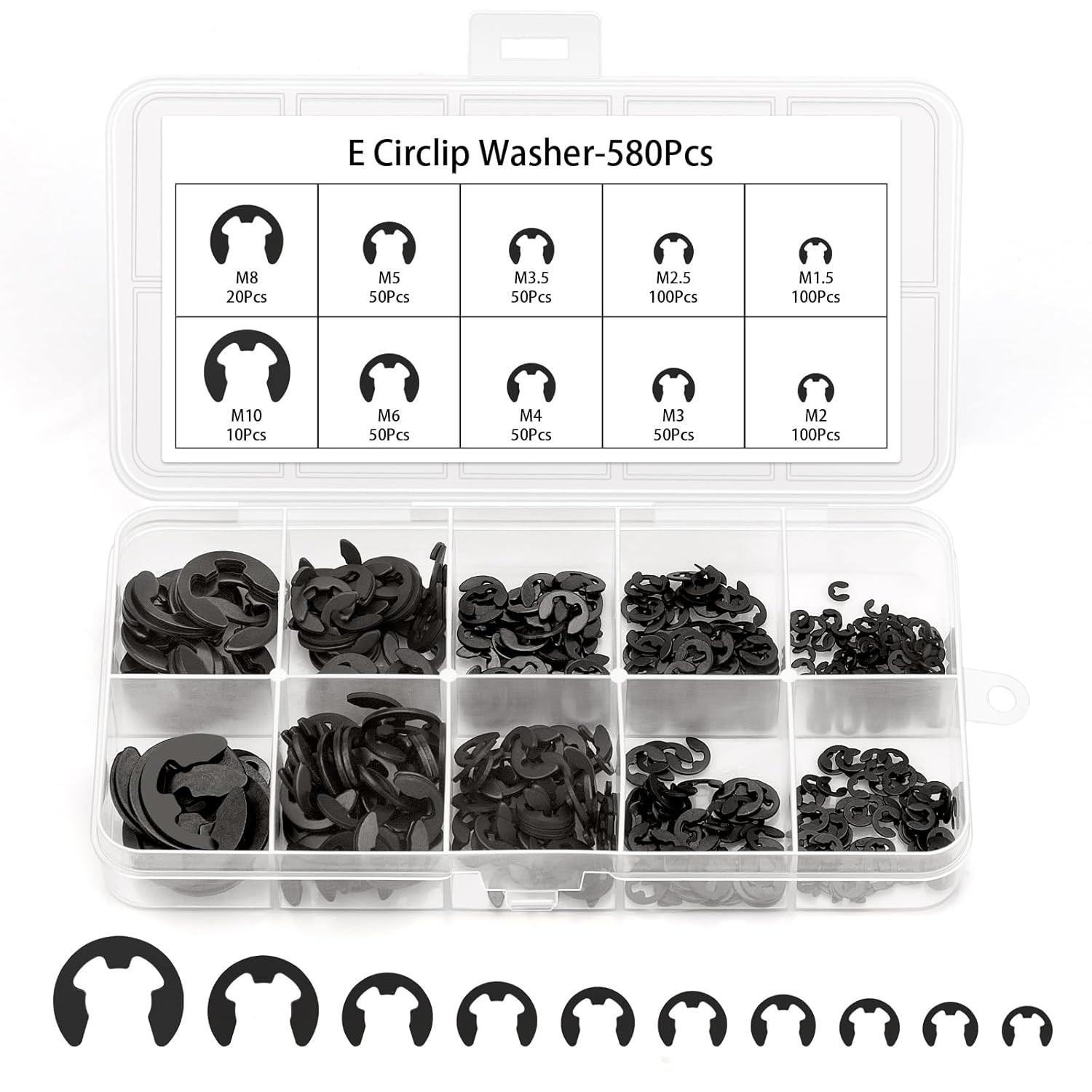 580PCS Black Alloy Steel E-Clip Assortment Kit, E-Clip Assortment Set Include…
