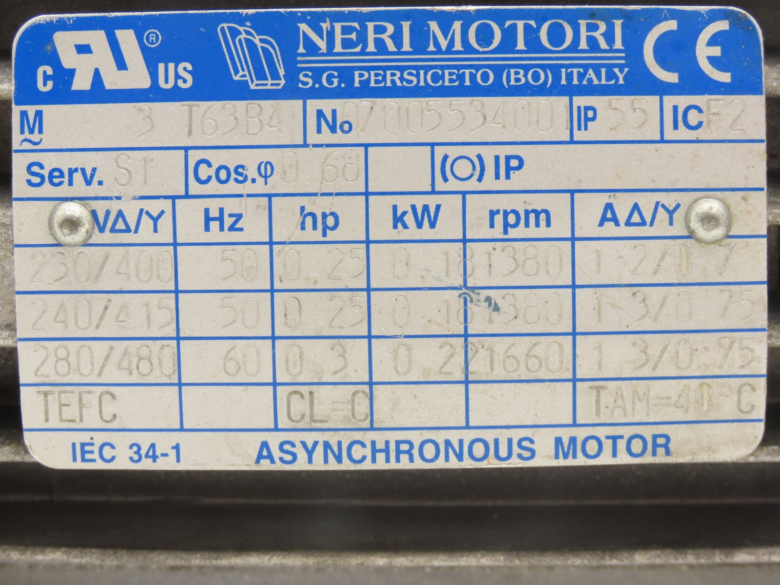 Neri Motori 3 T63B4 AC Motor 0.22kW 1660rpm 230/480V 3PH IEC 63 Frame