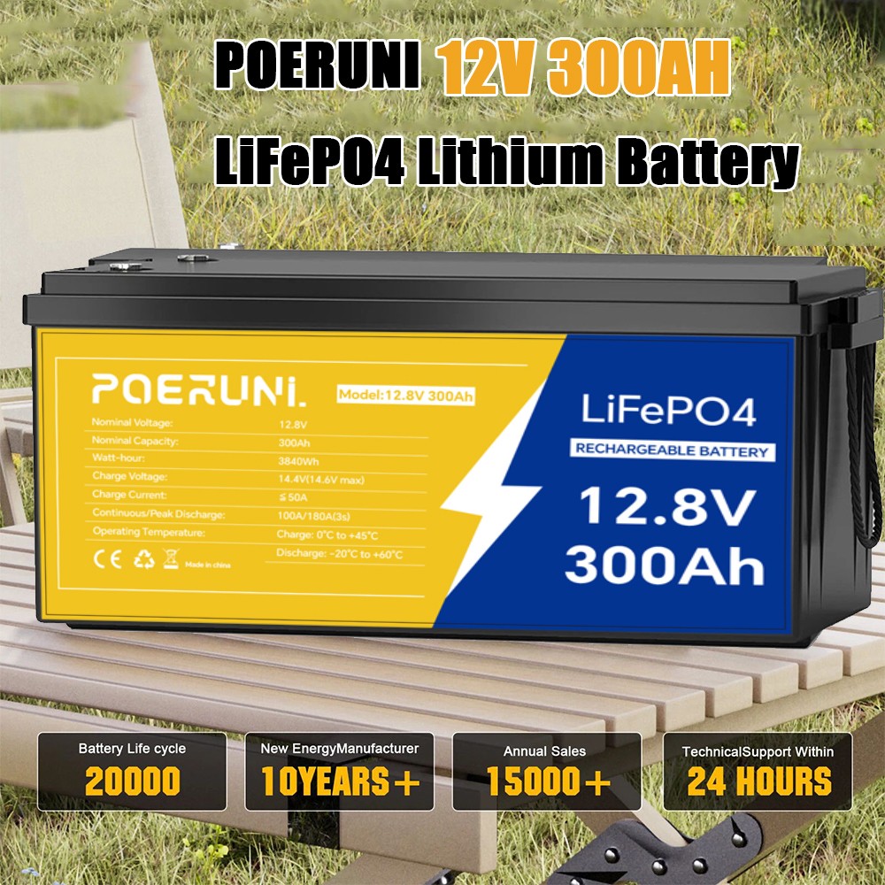 POERUNI 12V 300Ah LiFePO4 Battery 4000+ Deep Cycles 3840Wh 200A BMS for RV Solar