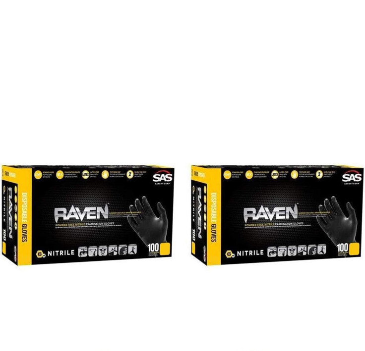 SAS RAVEN Black Nitrile Gloves Powder & Latex Free 7mil, 2 PACK/100/Box Size XL