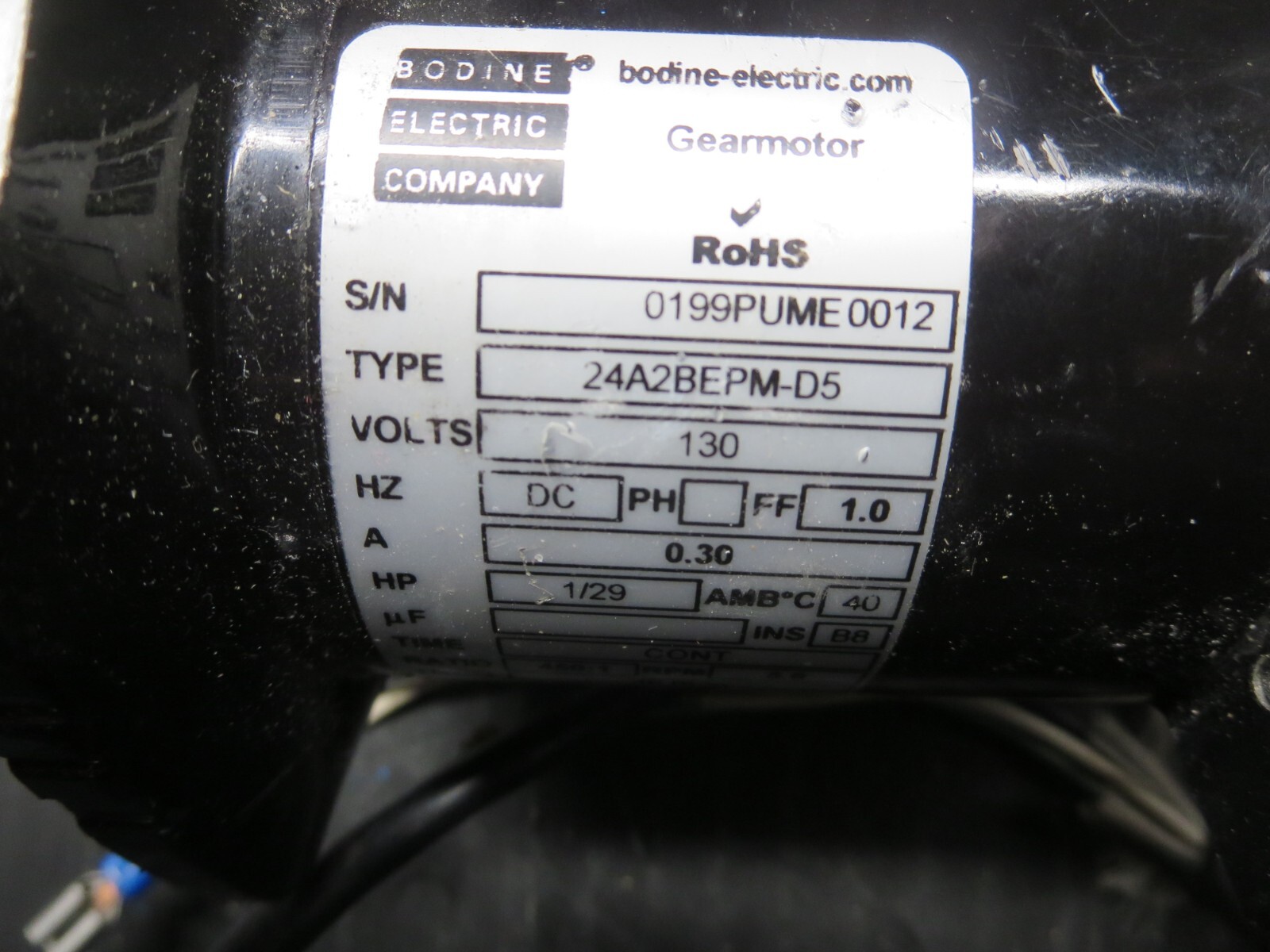 Bodine Electric 24A2BEPM-D5 130VDC 0.30A 1/29HP 5.6RPM 40LbIn Torq 450:1 Ratio