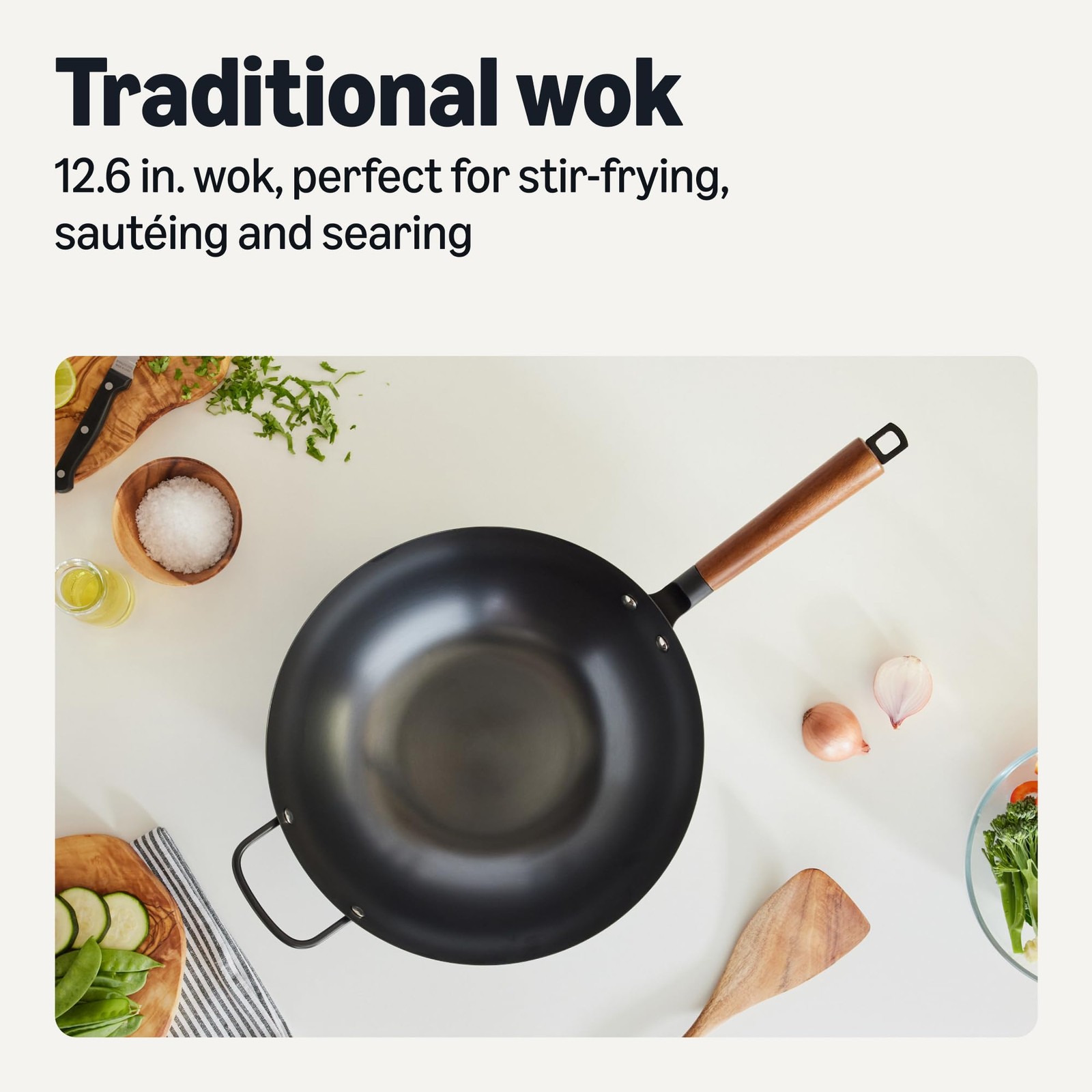 Retailer Basics Carbon Steel Pre-Seasoned Wok All Cooktop Friendly 12.6 In.
