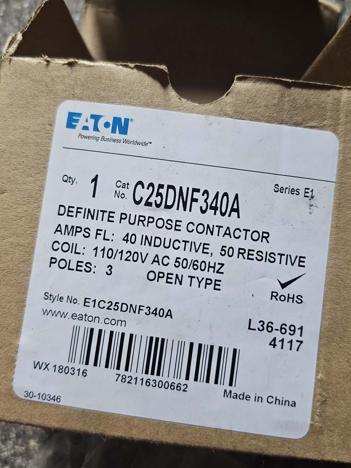 Eaton C25DNF340A 600V 40/60A Contactor 3P Quick Connect Terminals Free Ship