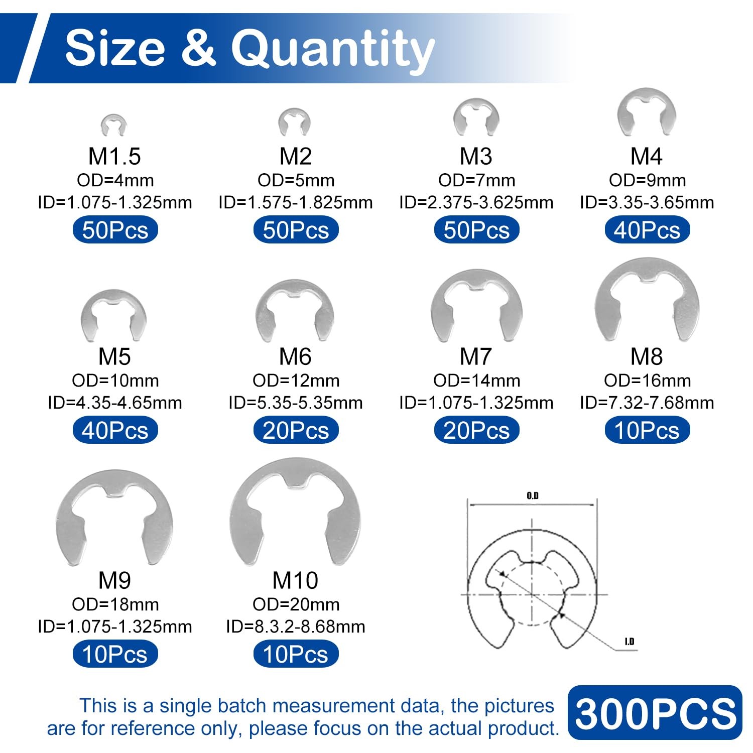 300Pcs Stainless Steel E-Clip Assortment Kit 10 Sizes M1.5-M10 External Circlip