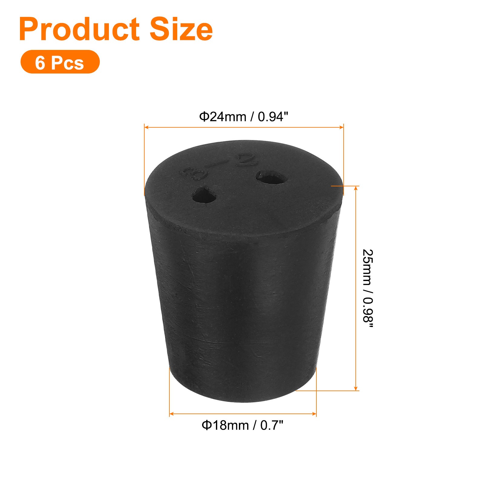 6Pcs 2-Hole Rubber Stopper Tapered Seal Tube Stopper Plug 24x18x25mm Black