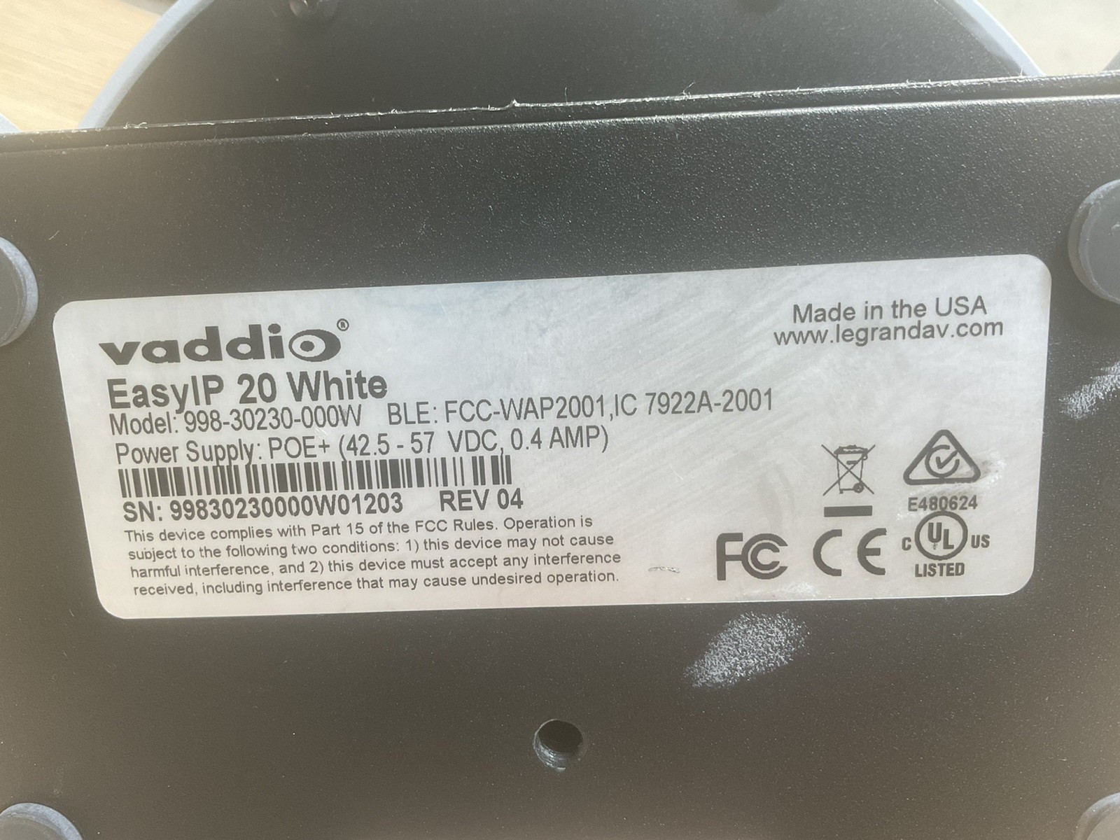 Vaddio 998-30230-000w Optical Zoom Network /for Parts / JUA2728