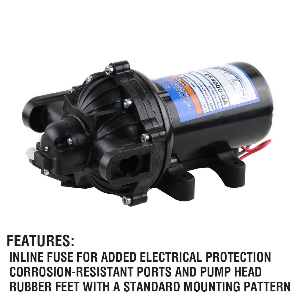 Everflo EF4000-QA 12V Diaphragm Sprayer Pump – 4.0GPM, 60 PSI Max, 3/4″ QA Ports
